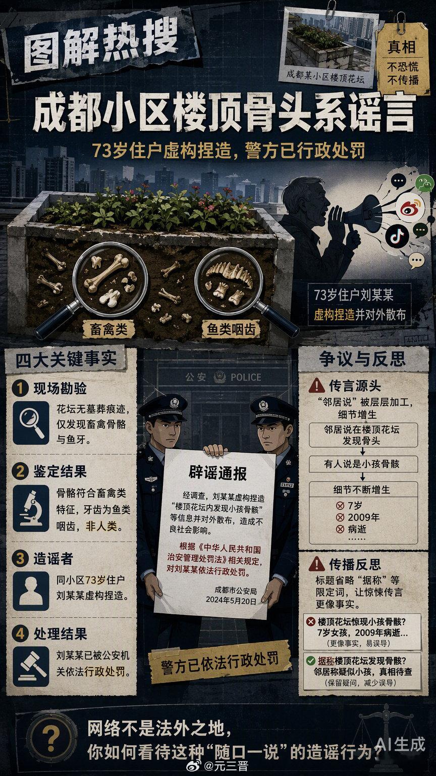 成都金堂“小区楼顶发现可疑骨头”事件已被警方定性：网传“7岁男童埋尸楼顶”系谣言，现场骨骼和牙齿经鉴定均为非人类——骨骼碎片符合畜禽类特征，牙齿符合鱼类咽齿特征；该传言由同小区73岁住户刘某某虚构捏造，他已被公安机关依法行政处罚。 #成都小区楼顶骨头系谣言# ​