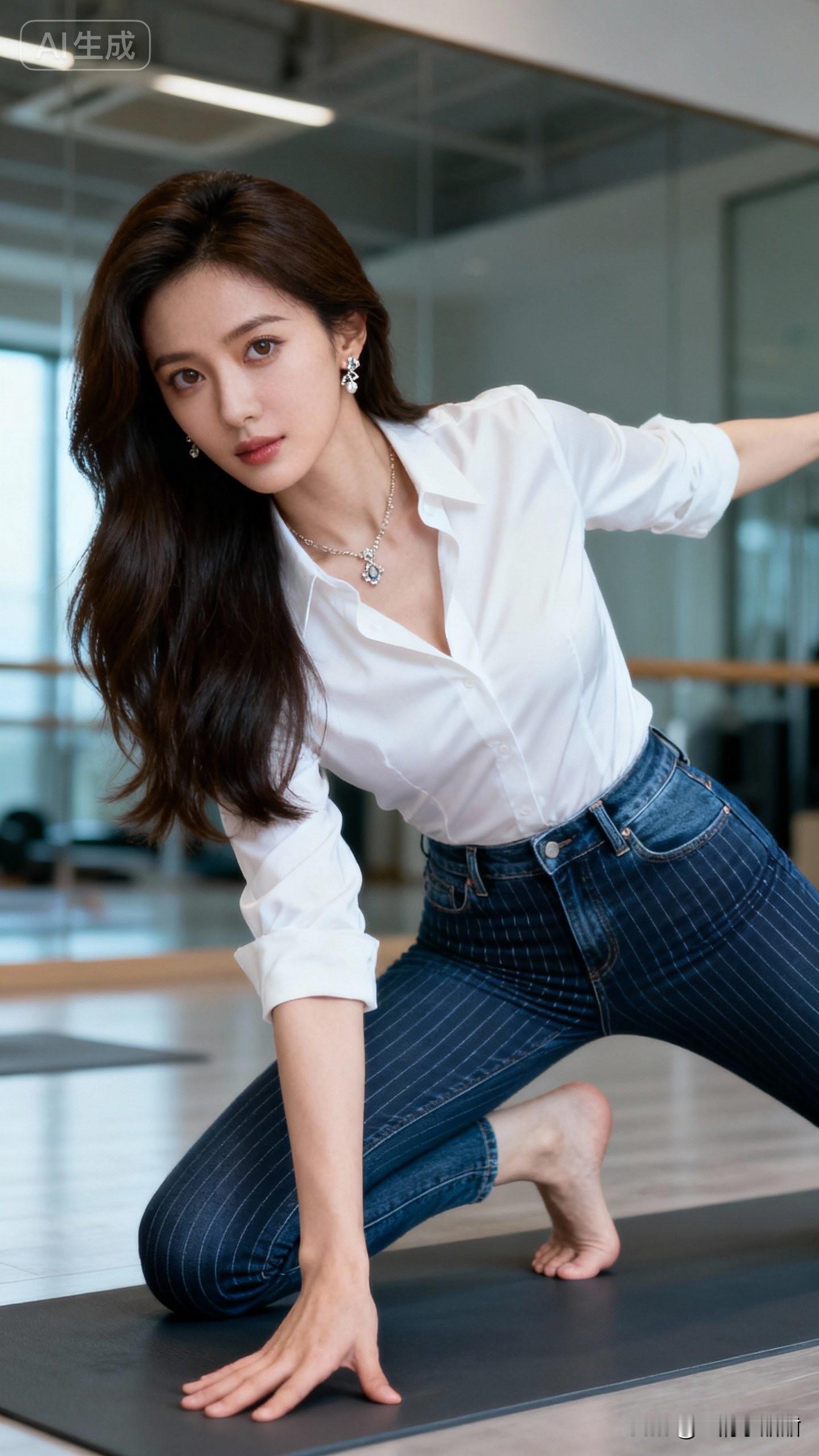 她这身是当下流行的“轻熟风运动混搭”穿搭：白色缎面衬衫搭竖条纹高腰牛仔...