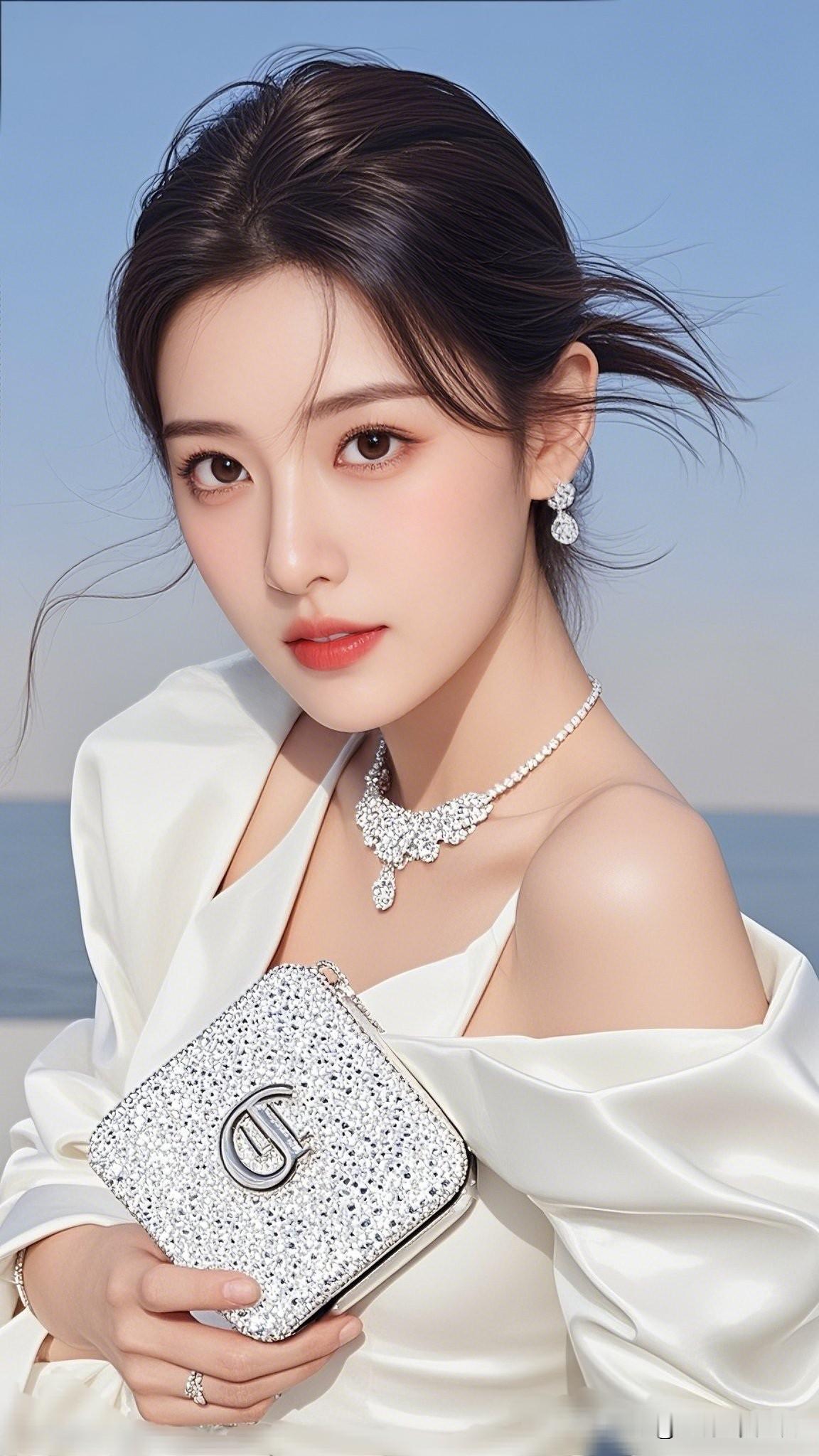 珠光宝气映碧波，美人如画意蕴深。优雅白裙搭配闪亮珠宝，海边度假的完美造型！🌊✨