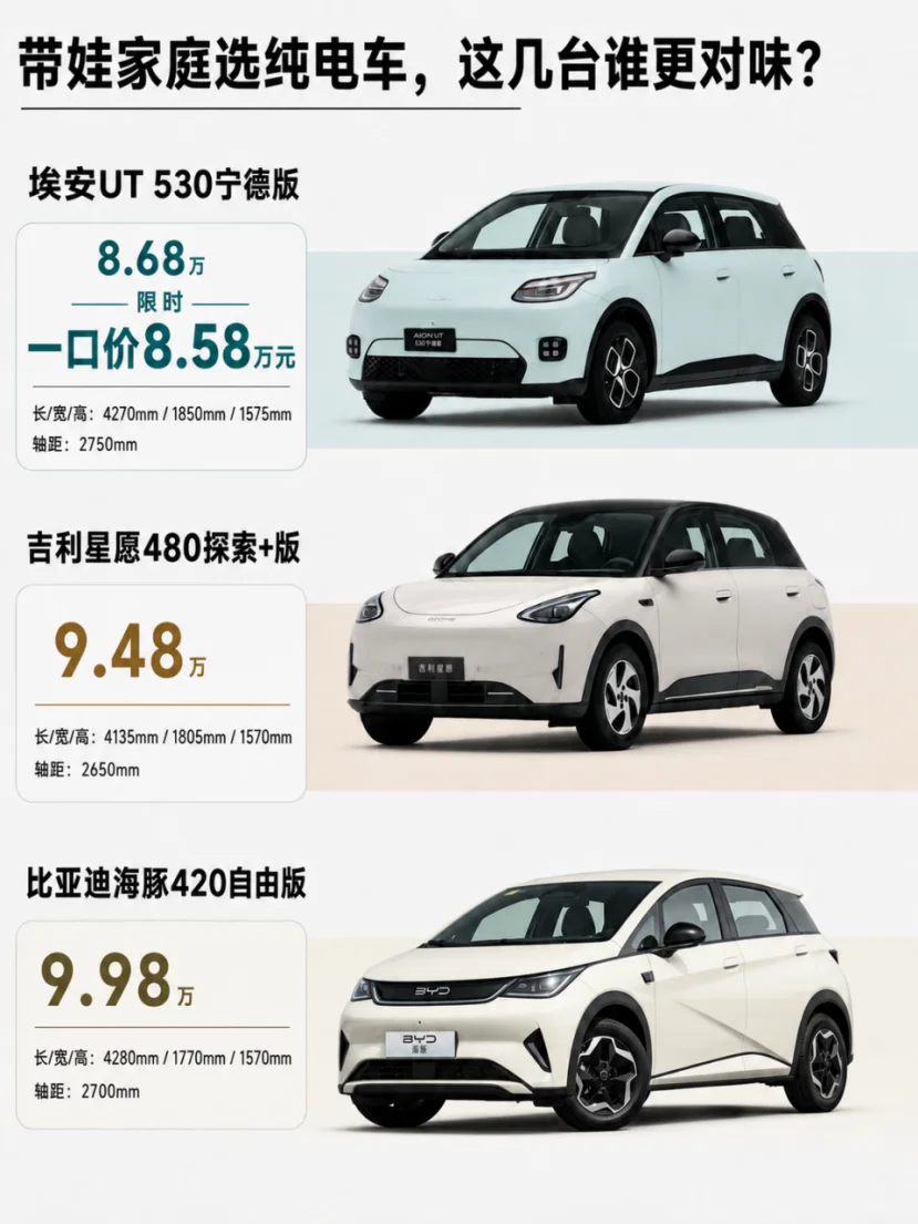 带娃家庭选纯电车，这三台热门谁更对味？
