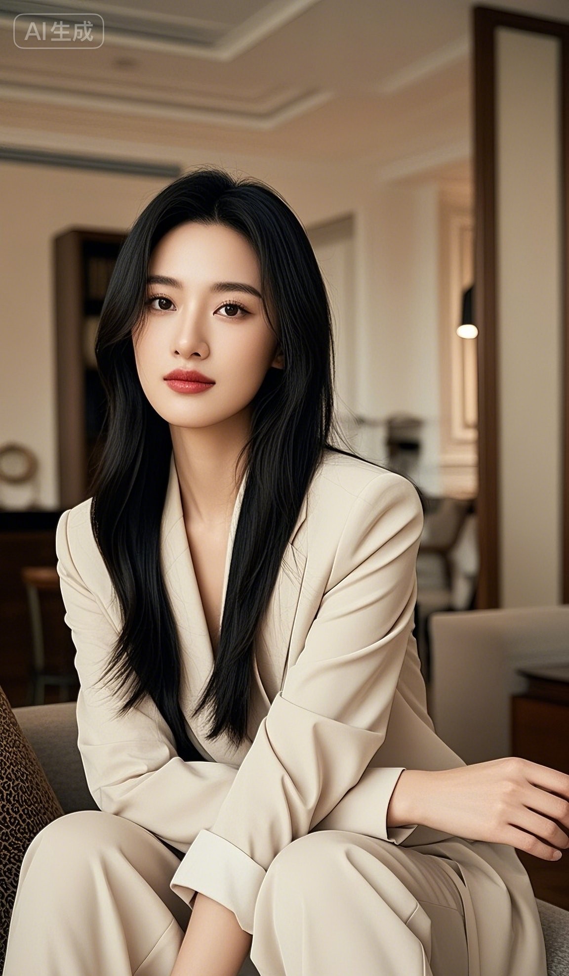 中国美女知性优雅，黑色长直发垂落，面庞白皙精致，高挺鼻梁与红润嘴唇相映...