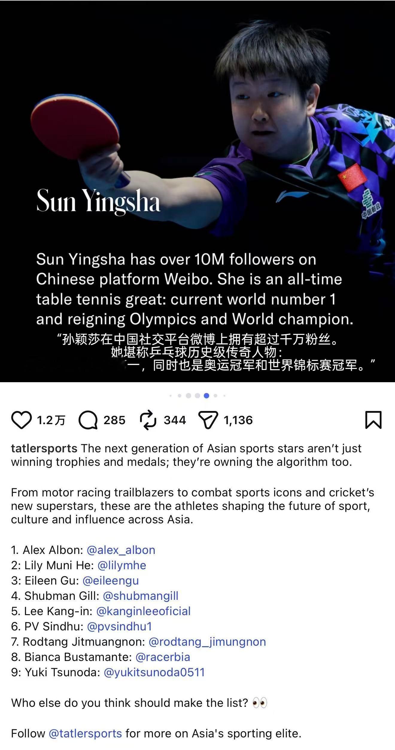 在孙颖莎入选英国精英杂志《Tatler》“亚洲十大体育明星”榜单之后...