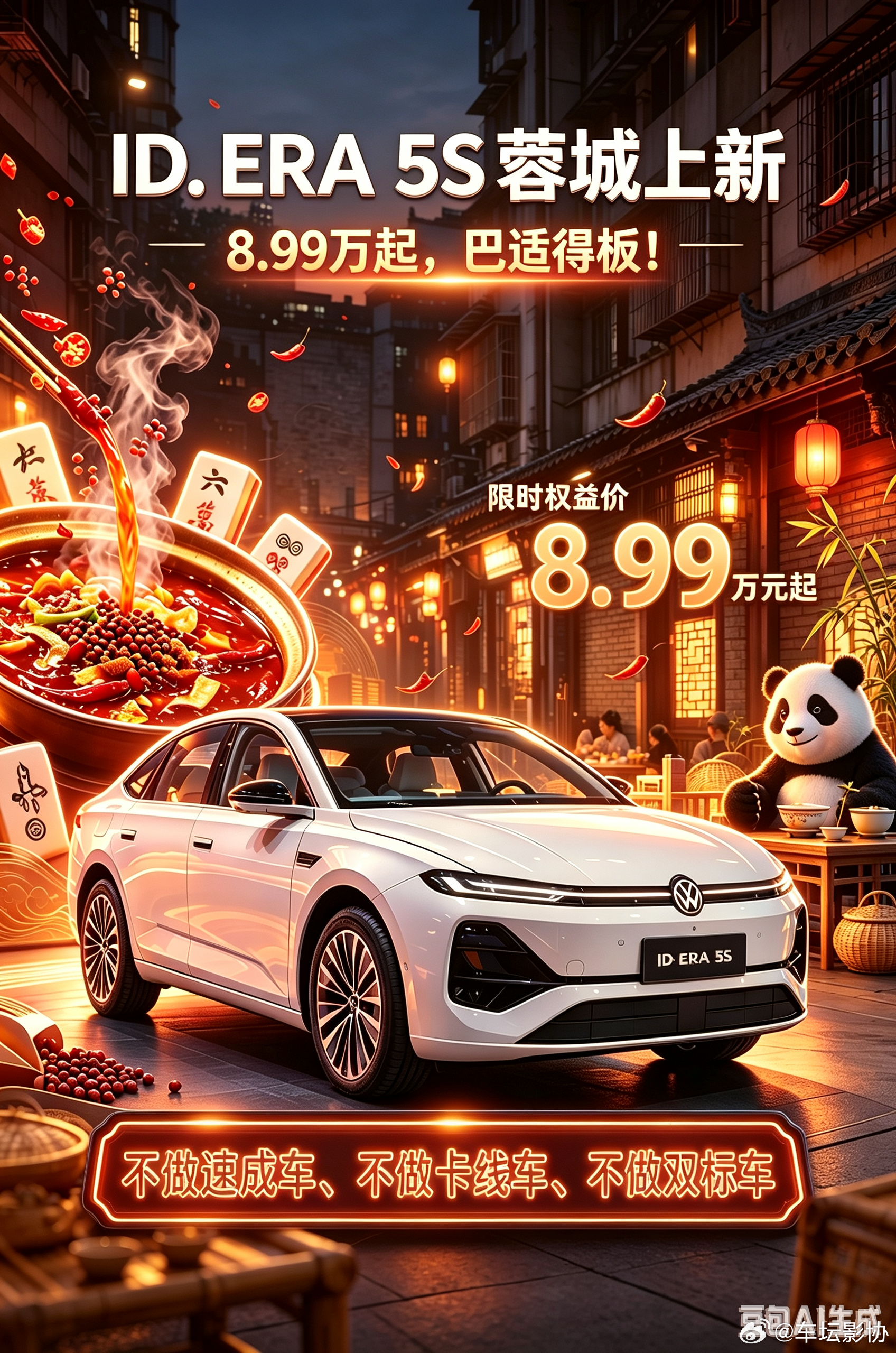 2026成都车展火热启幕，德系超混智能家轿ID.ERA5S正式重磅上市！限时权益价8.99万起。融合蓉城火锅、熊猫等地道成都元素，感受巴适的蓉城烟火。黄金超混加持，油电通吃，行云智行加持，坚守品质底线，拒绝速成车。超高性价比，为家庭出行带来全新优选。
 #2026成都车展 ##上汽大众##IDERA5S ##大众5s# ​