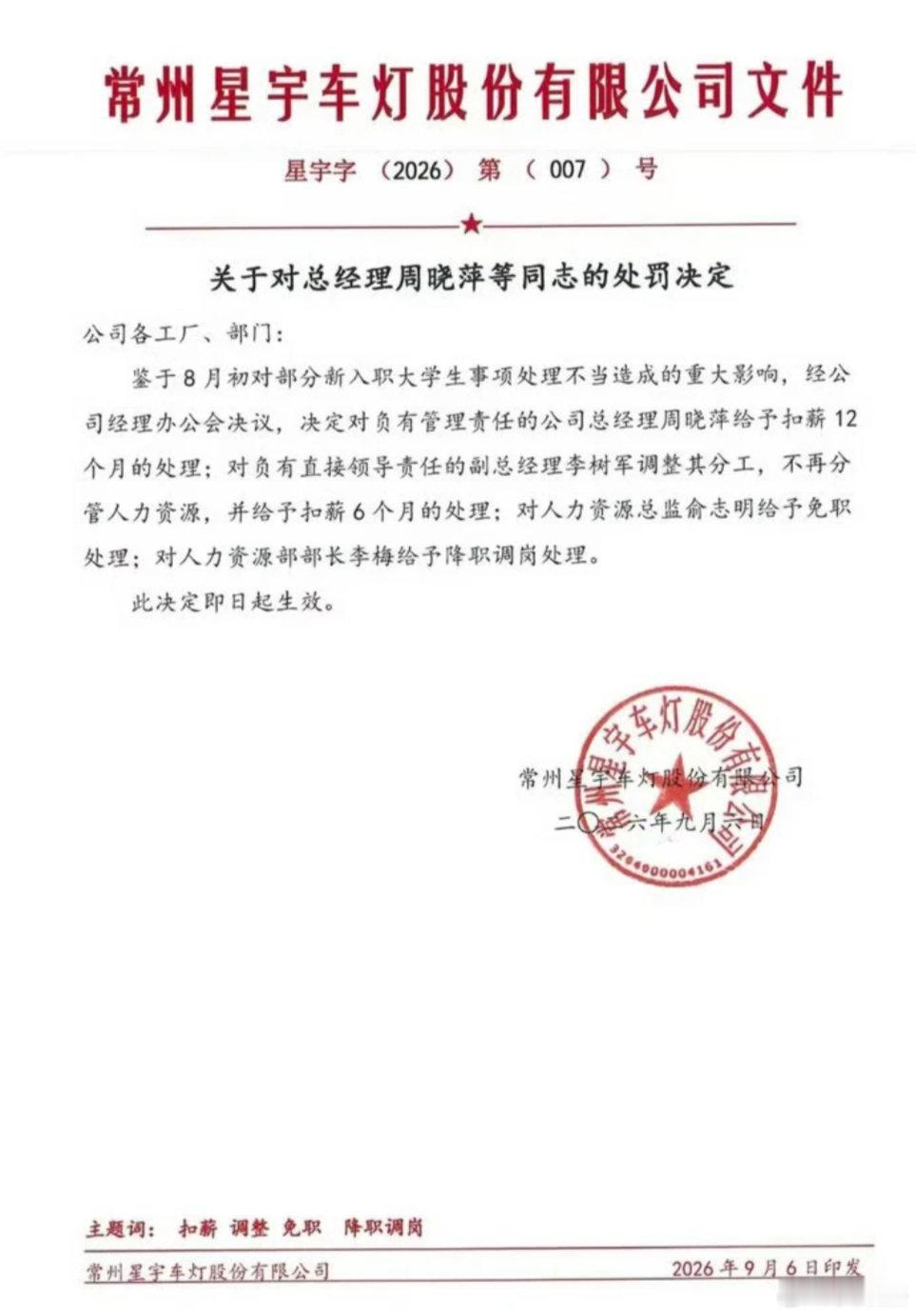 【#星宇股份处罚总经理周晓萍等人#】#星宇股份公布劝退应届生事件处罚#好家伙，这是“自罚三杯”吗？一波操作既没开除又节省了一波高层工资？
星宇股份于2026年9月6日内部追责，总经理周晓萍被扣薪12个月，人力资源总监被免职。 ​​​​