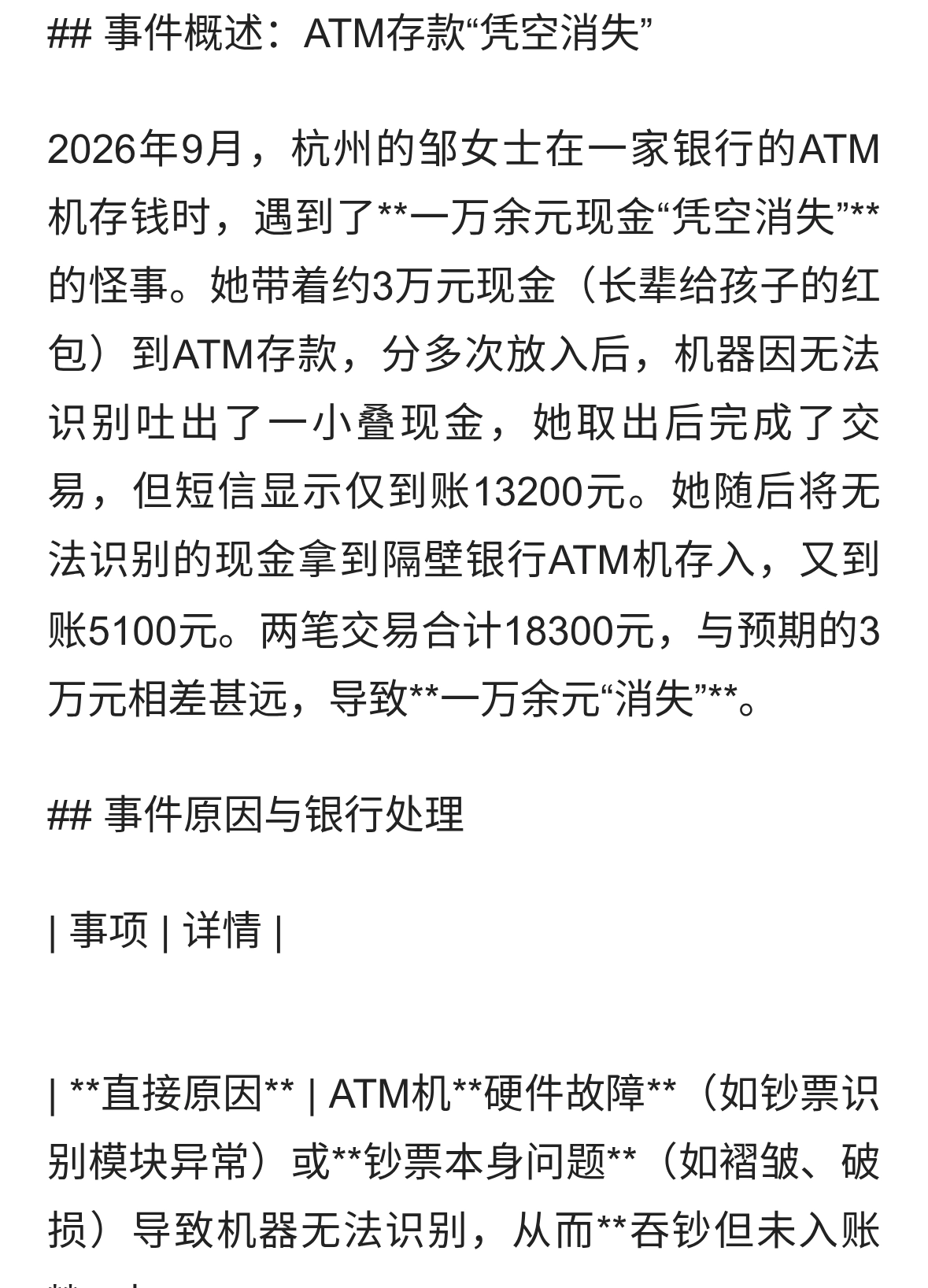 女子用ATM机存钱1万多元“凭空消失