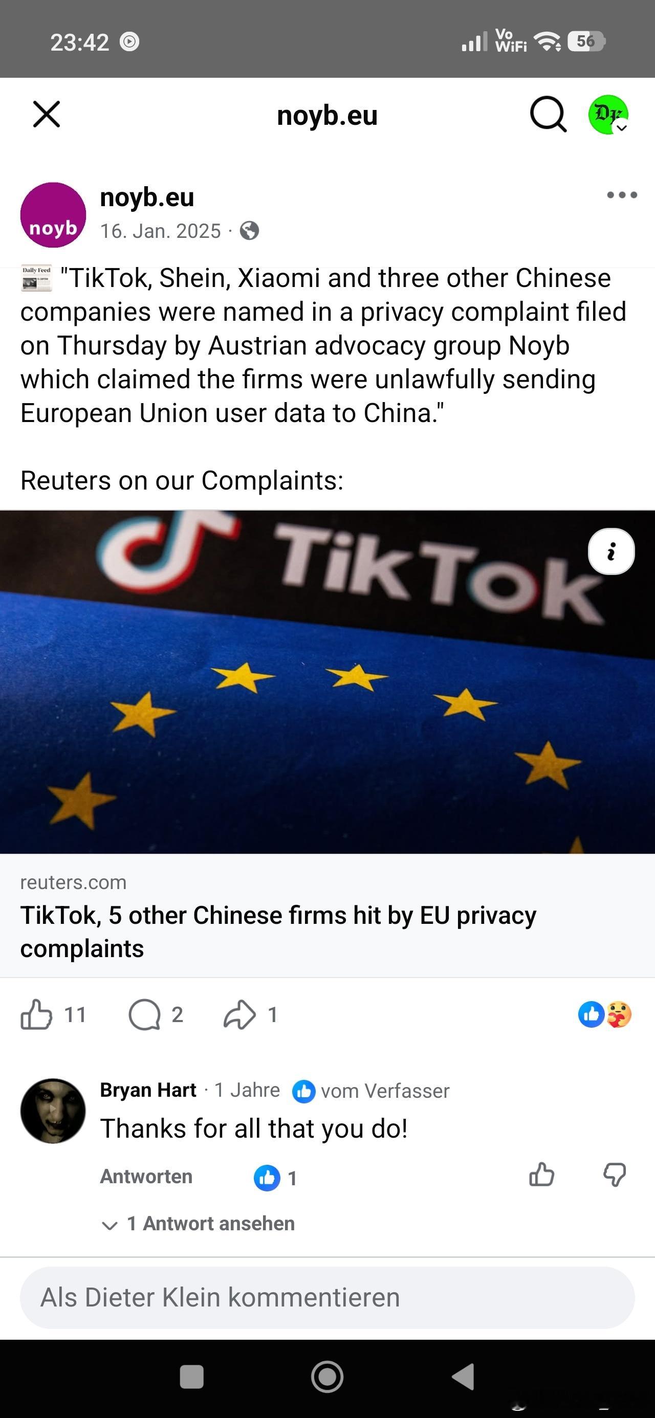 欧洲数字权利组织 noyb 已针对小米的数据保护问题向欧洲监管机构提出投诉。

我本人也有一宗独立、完整记录的数据保护事件：在一次售后过程中，我的 IMEI 和个人信息曾两次被转发到私人邮箱。

小米后来书面道歉，并提到涉及设备的“data-related issues”，但截至目前：

❌ 没有解释具体哪些数据被披 ​