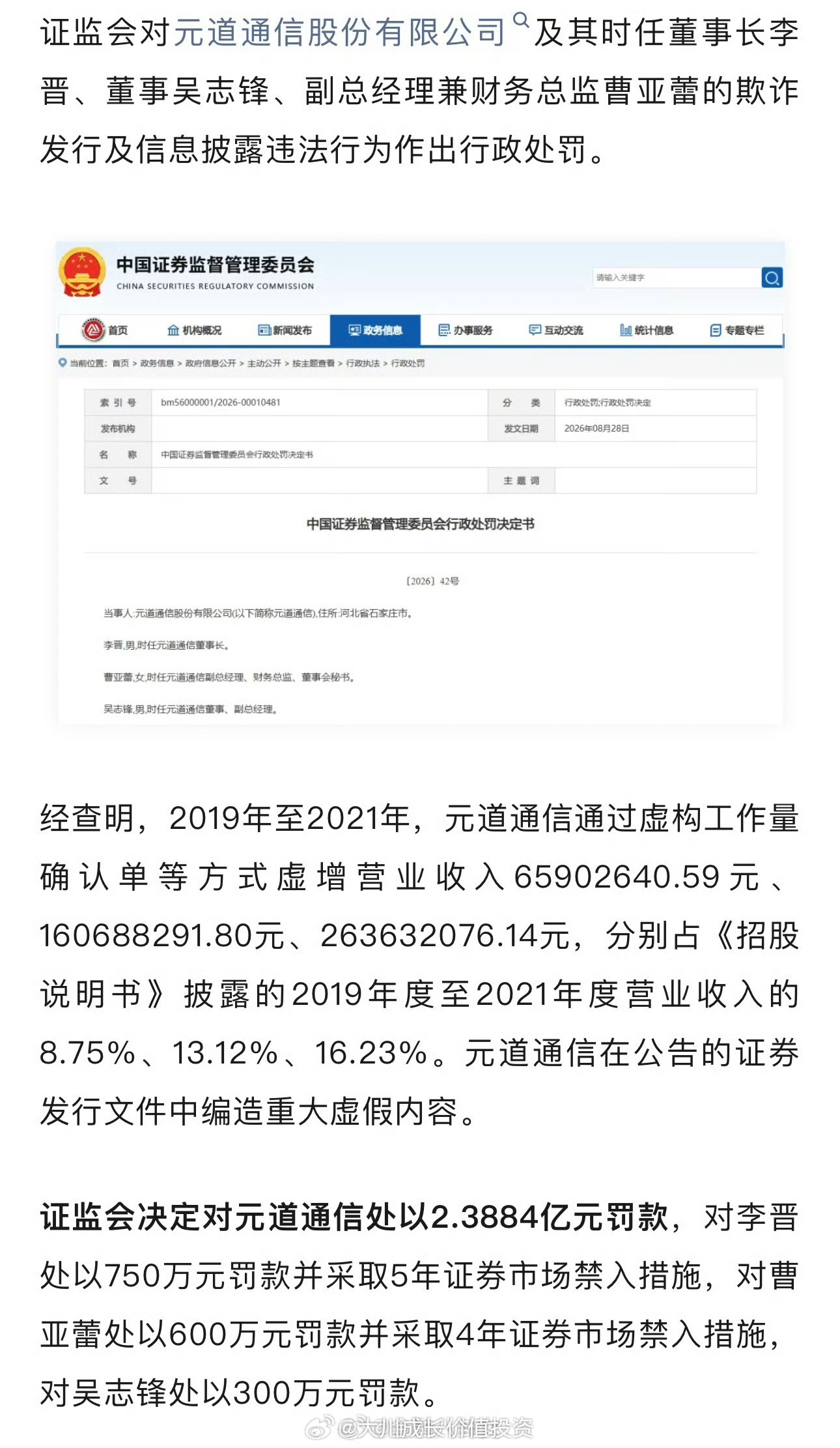 #中国证监会开出天价罚单#证监会对元道通信处以2.3884亿元罚款，对李晋处以750万元罚款并采取5年证券市场禁入措施，对曹亚蕾处以600万元罚款并采取4年证券市场禁入措施，对吴志锋处以300万元罚款。 

市值才4.02亿，被罚超2亿，这罚款力度如何？行政处罚只是一方面，关键还是要看刑事层面，目前没有是 ​