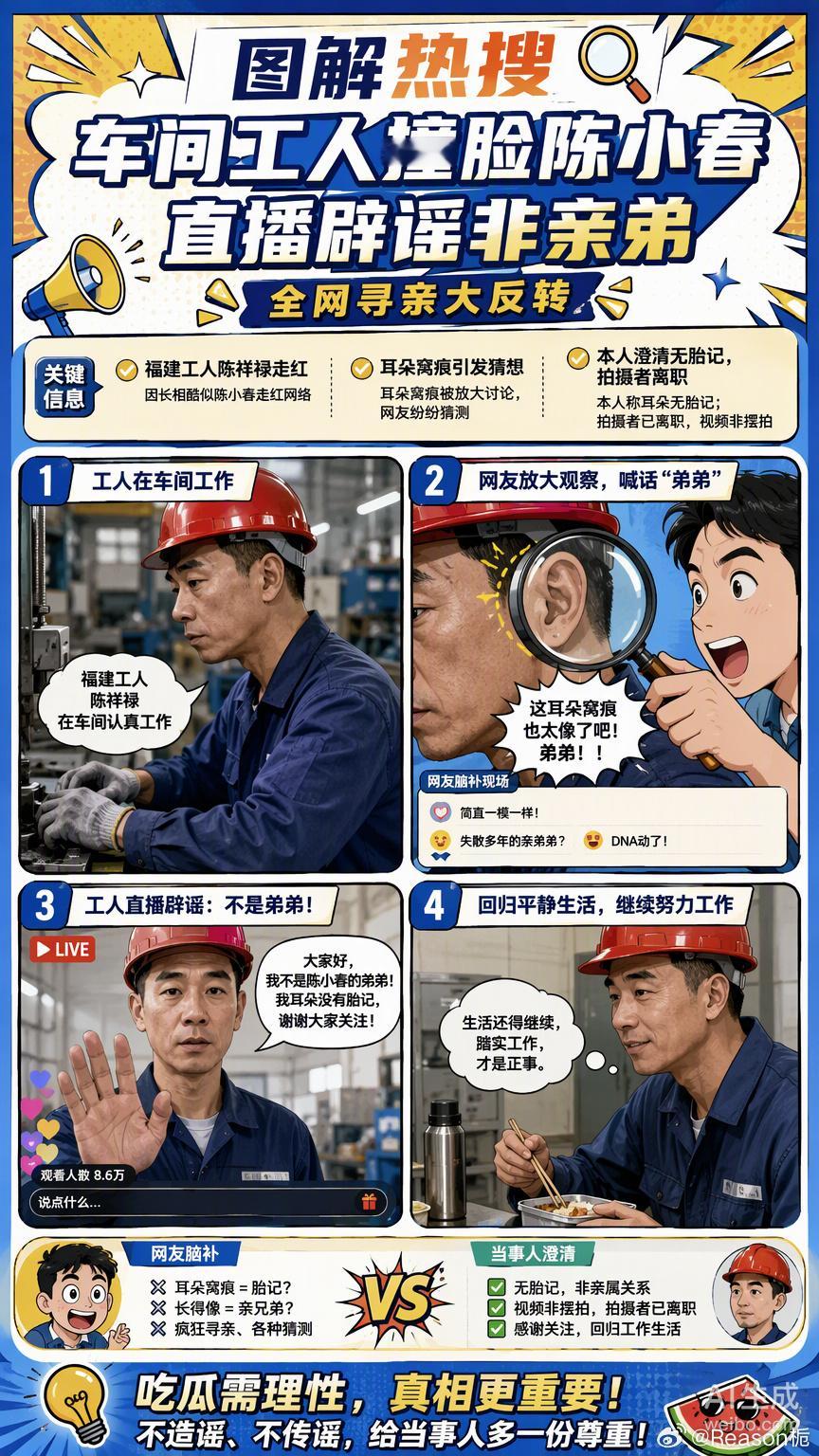 福建那位撞脸陈小春的师傅，直播里亲自辟谣了。

没有失散多年的剧本，也没有梅花胎记的巧合，就是单纯的长得像。47岁的陈祥禄，家里有哥有姐，日子过得踏实。

当初那个随手拍视频的工友已经离职，热度退去后，师傅还在车间里开着激光切割机。

这种全网寻亲的热闹，对当事人来说或许只是一场被打扰的 ​