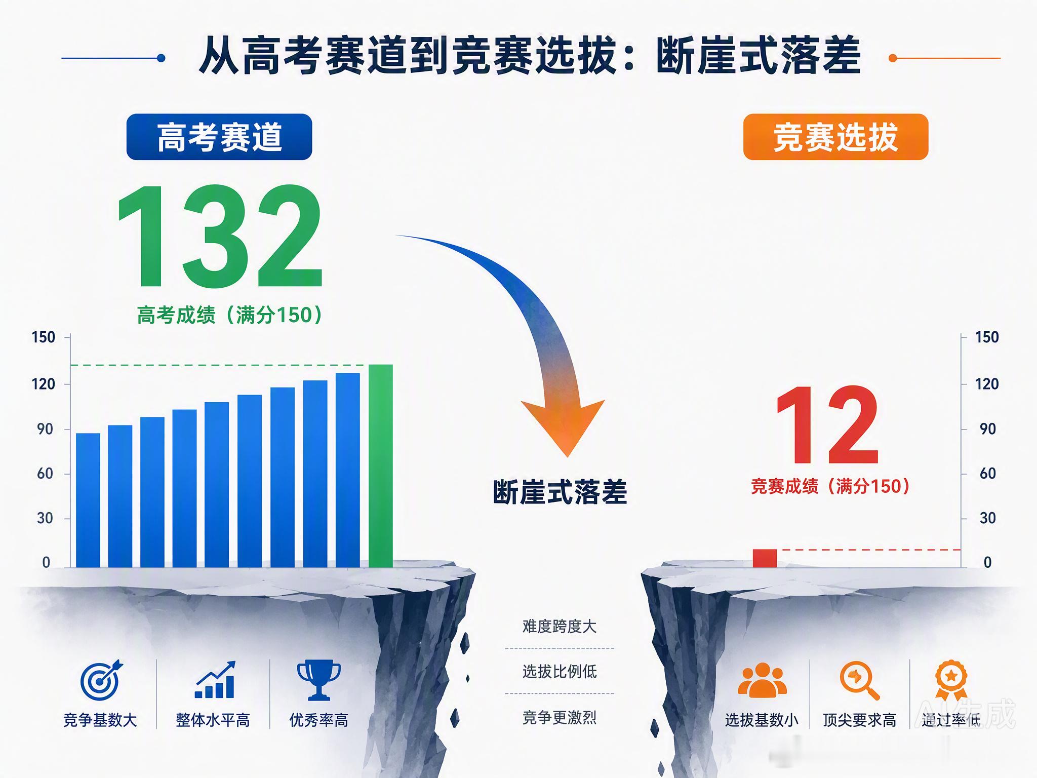 高考132分，开学考12分。这种断崖式的落差，看着像笑话，实则是两套评价体系的正面碰撞。

校方回应得很直白：这是为了拔尖人才选拔，对标的是竞赛难度。这意味着，你过去三年在高考赛道上练就的“熟练度”，在这里瞬间失效了。高考考的是基础与规范，而这场考试筛选的是思维与天赋。

对于大多数普通 ​
