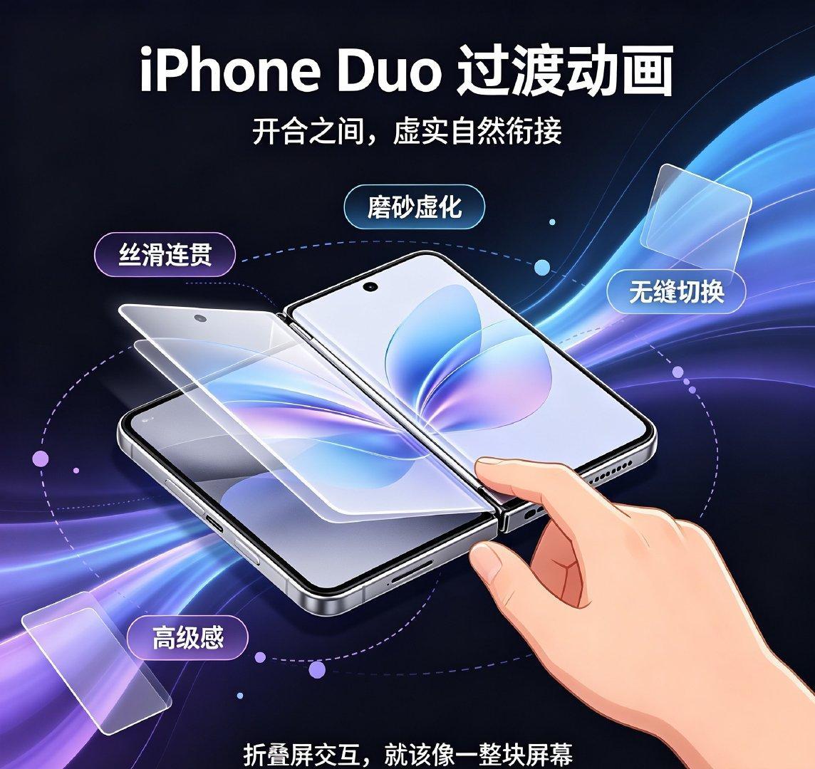 #iPhoneDuo过渡动画 完美#
终于解决折叠屏最大痛点！渐进式磨砂虚化，开合全程丝滑连贯，没有硬切、没有跳屏。
快慢跟着手速同步，两块屏幕无缝连成一整块，这才是折叠屏交互该有的水准。
安卓折叠屏看了都得沉默，苹果把细节做到极致了。 ​