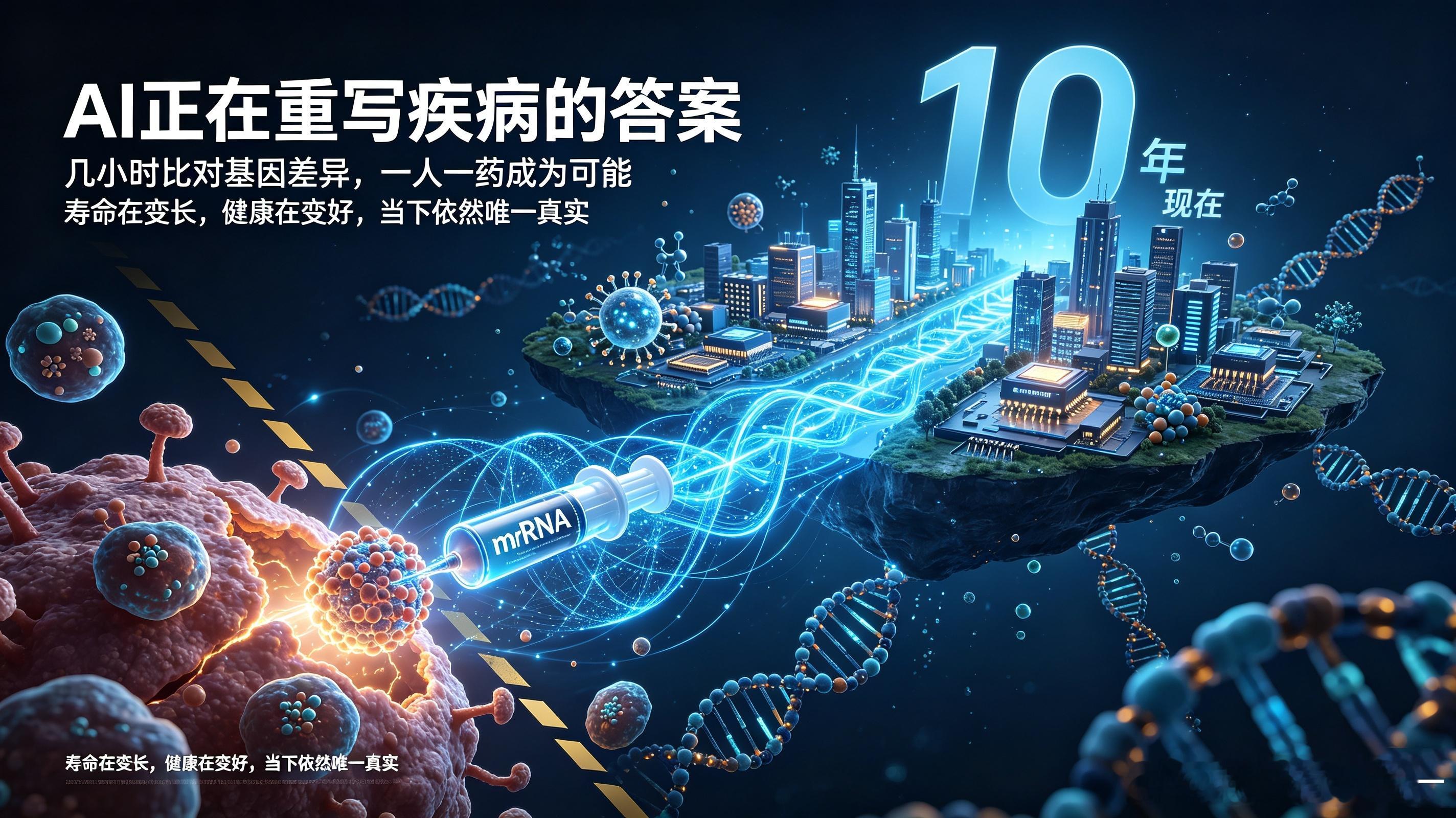 以前一款新药从研发到上市，平均要砸10亿美金、等10年。现在AI几小时就能比对出癌细胞和正常细胞的基因差异，定制出一人一药的mRNA癌症疫苗。

最近两大顶尖药企联合宣布，他们的个性化癌症疫苗三期临床取得重大突破，黑色素瘤患者复发或死亡风险大幅降低。科技狂人马斯克说：人造RNA本质上把治愈疾病 ​