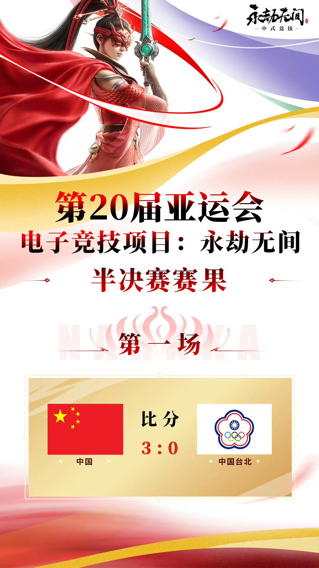 中国队冲击亚运电竞首金，在9月24日进行的半决赛首场比赛中，中国队以3比0的比分横扫中国台北队，顺利挺进决赛。
对手待定：决赛的另一个席位将在越南队与泰国队之间产生，胜者将与中国队争夺金牌。

#中国队冲击亚运电竞首金##亚运电竞项目像超级草台班子##亚运会电竞# ​