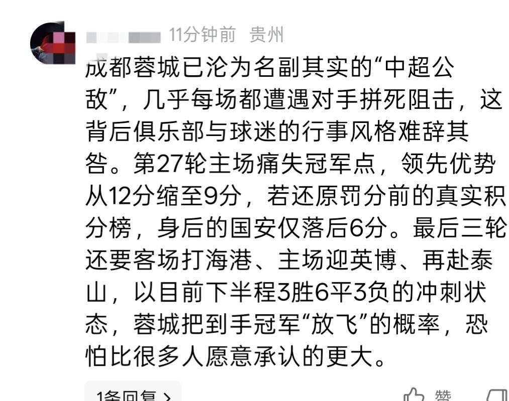 成都蓉城眼看要拿中超冠军，不少球迷心里却直泛酸
 

网上甚至有人把成都蓉城喊成所谓的“联赛公敌”，仔细琢磨这事挺讽刺
 

说白了，不就是动了某些豪门队伍的脸面嘛
 

好几家混了几十年的老牌球队，到现在都没尝过登顶的滋味，结果成都蓉城仅用了四年时间就直奔奖杯去了，这种光速超车换成谁家球迷看，心里