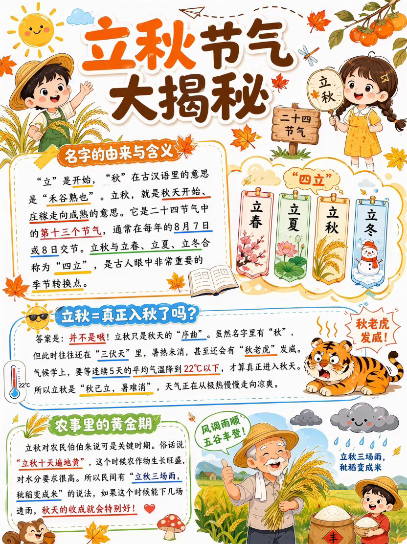 节气科普｜立秋“立秋”是二十四节气中的第十三个节气，通常在每年8月7日至9日到来。“立”是开始的意思，“秋”代表庄稼逐渐成熟、万物开始收获。🌾 ​​​