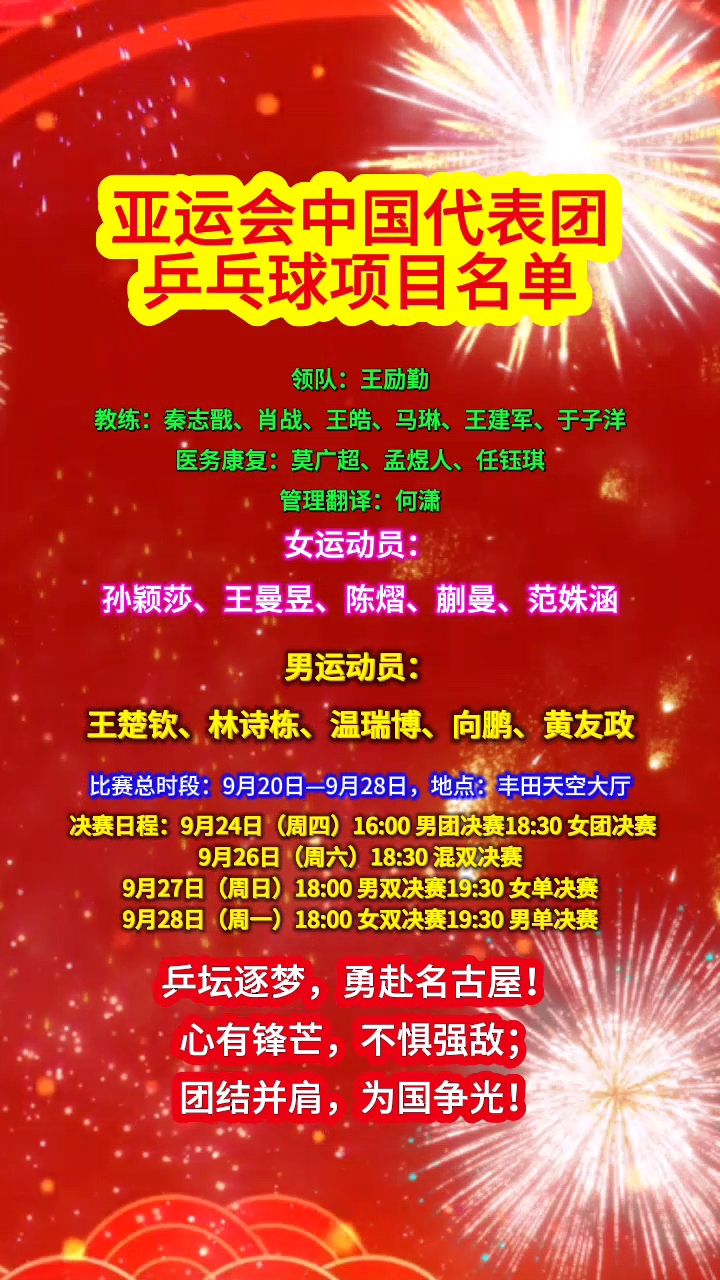 名古屋亚运会，国乒完整参赛名单
 
亚运会中国代表团乒乓球项目
地点：丰田天空大厅
⏰比赛时间：9月20日‑9月28日
 
领队：王励勤
教练：秦志戬、肖战、王皓、马琳、王建军、于子洋
医务康复：莫广超、孟煜人、任钰琪
管理翻译：何潇
 
女运动员：孙颖莎、王曼昱、陈熠、蒯曼、范姝涵
男运动员：王楚