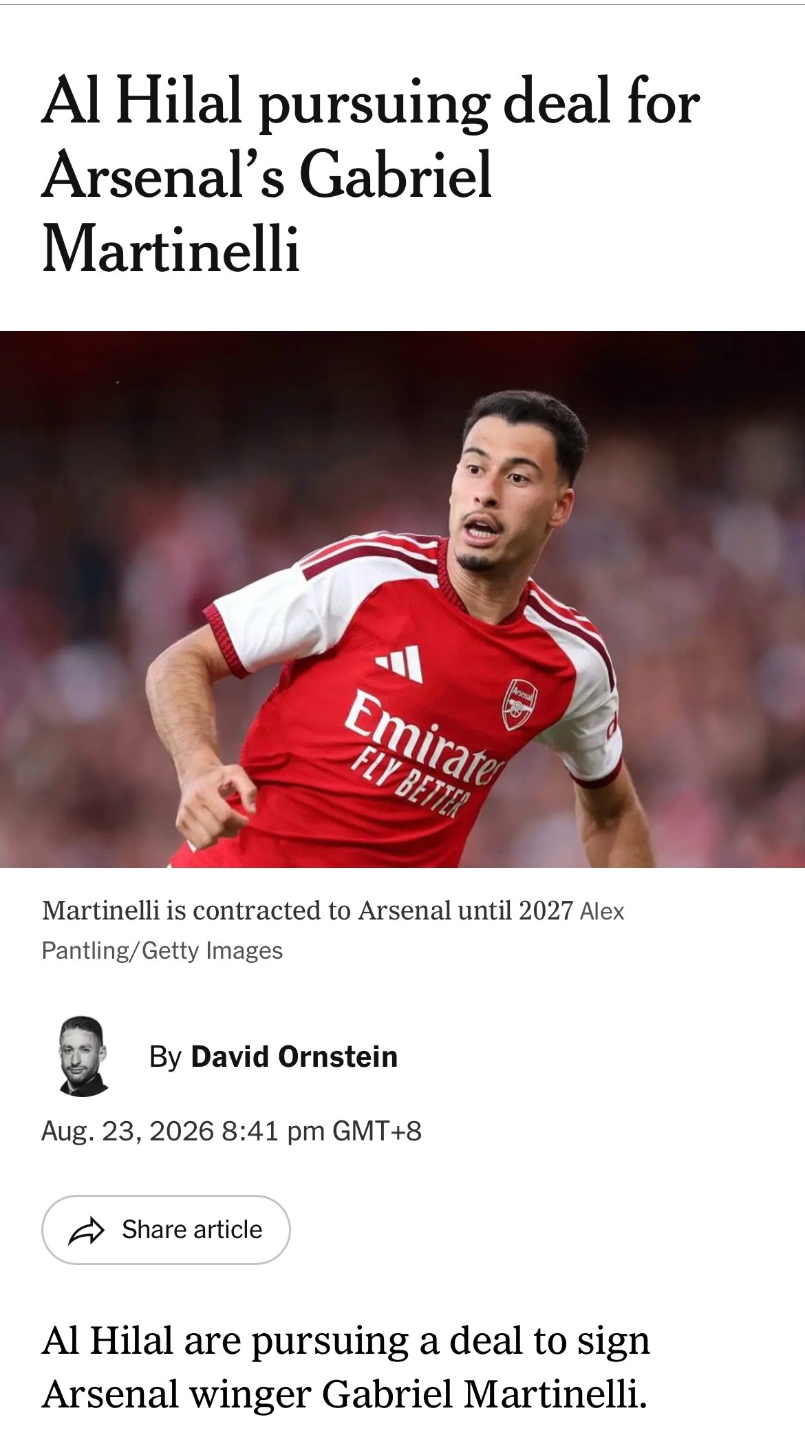 David Ornstein：利雅得新月正在追求签下阿森纳的加布里埃尔·马丁内利

这家沙特职业联赛俱乐部也在与这位25岁巴西国脚的阵营就拟议中的转会进行谈判。

阿森纳为马丁内利寻求约6000万英镑的转会费，虽然尚未达成协议，但谈判正在进行中，球员对这一可能性持开放态度。

The Athletic于8月12日报道，阿 ​