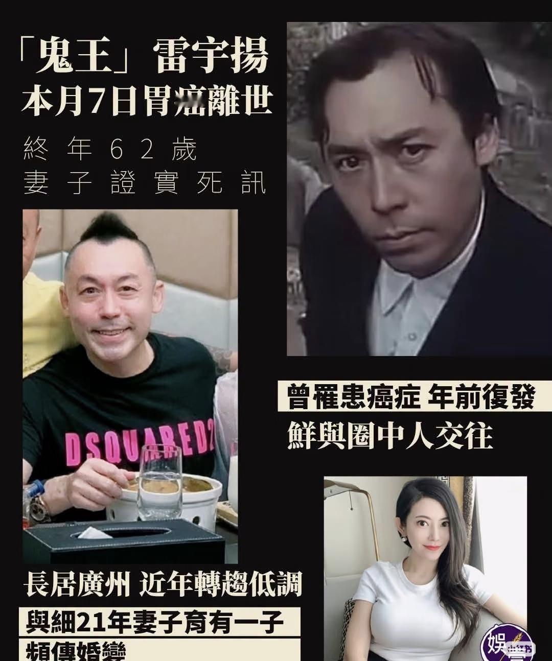 62岁的雷宇扬去世了，

去世的原因，令人唏嘘！
 
香港资深艺人雷宇扬于9月7日在广州去世。

其实早年雷宇扬就查出了胃癌，经过积极治疗，病情曾经得到控制，一度抗癌成功。没想到年前旧病复发，癌细胞再度侵袭身体。
 
复发之后，他选择低调休养，定居广州，很少出现在公众视野，也没有对外过多透露自己的病