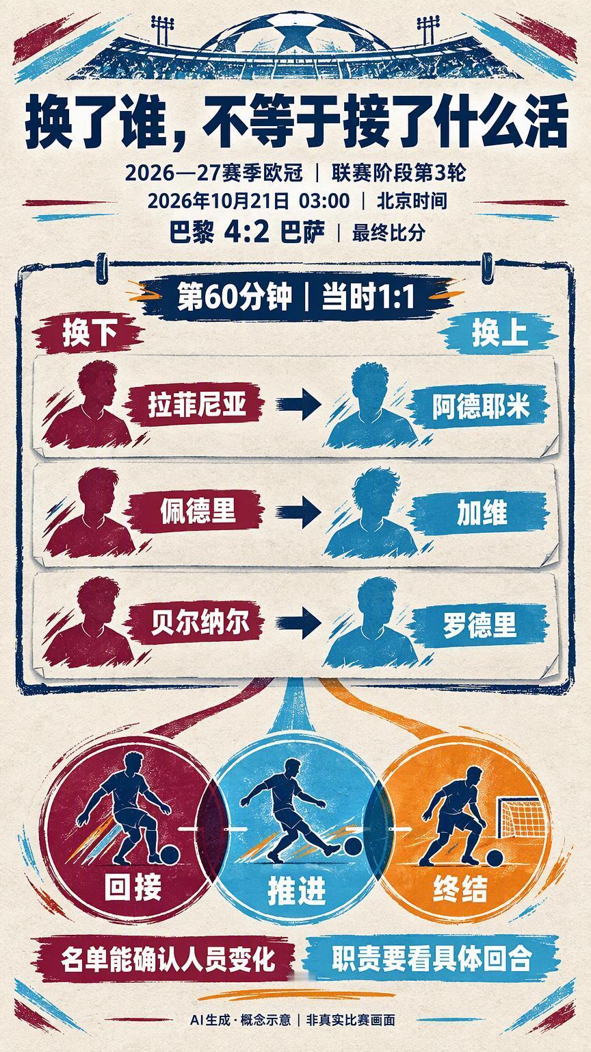 巴萨同时换三人后，不能只按换人名单寻找答案

北京时间2026年10月21日03:00，2026—27赛季#欧冠#联赛阶段第3轮，巴萨客场2比4负于巴黎。比赛已经超过48小时赛后窗口，但第60分钟的一次三人调整仍值得回看：当时比分1比1，阿德耶米、加维和罗德里同时登场，分别换下拉菲尼亚、佩德里与贝尔纳尔。

三组 ​