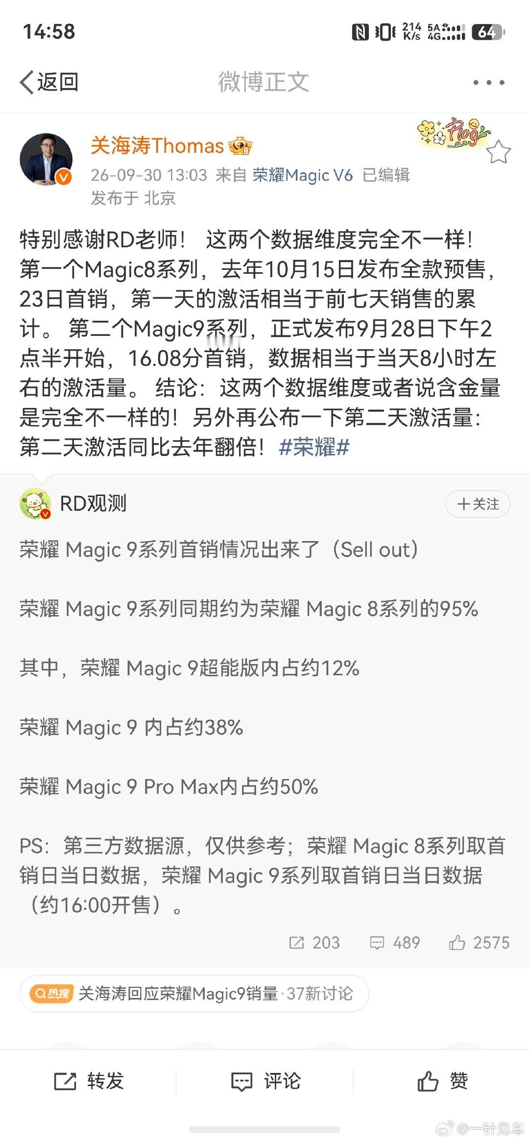 省流：按激活量算，荣耀magic9第2天激活量也比去年翻倍了。

总之，不同口径别瞎对比。要算激活量，这代是下午才开售的，线上订单基本至少要第2天才能收到手机，第1天看激活量当然体现不出来。希望后面不要再搞这种对不上的对比了[无聊] ​