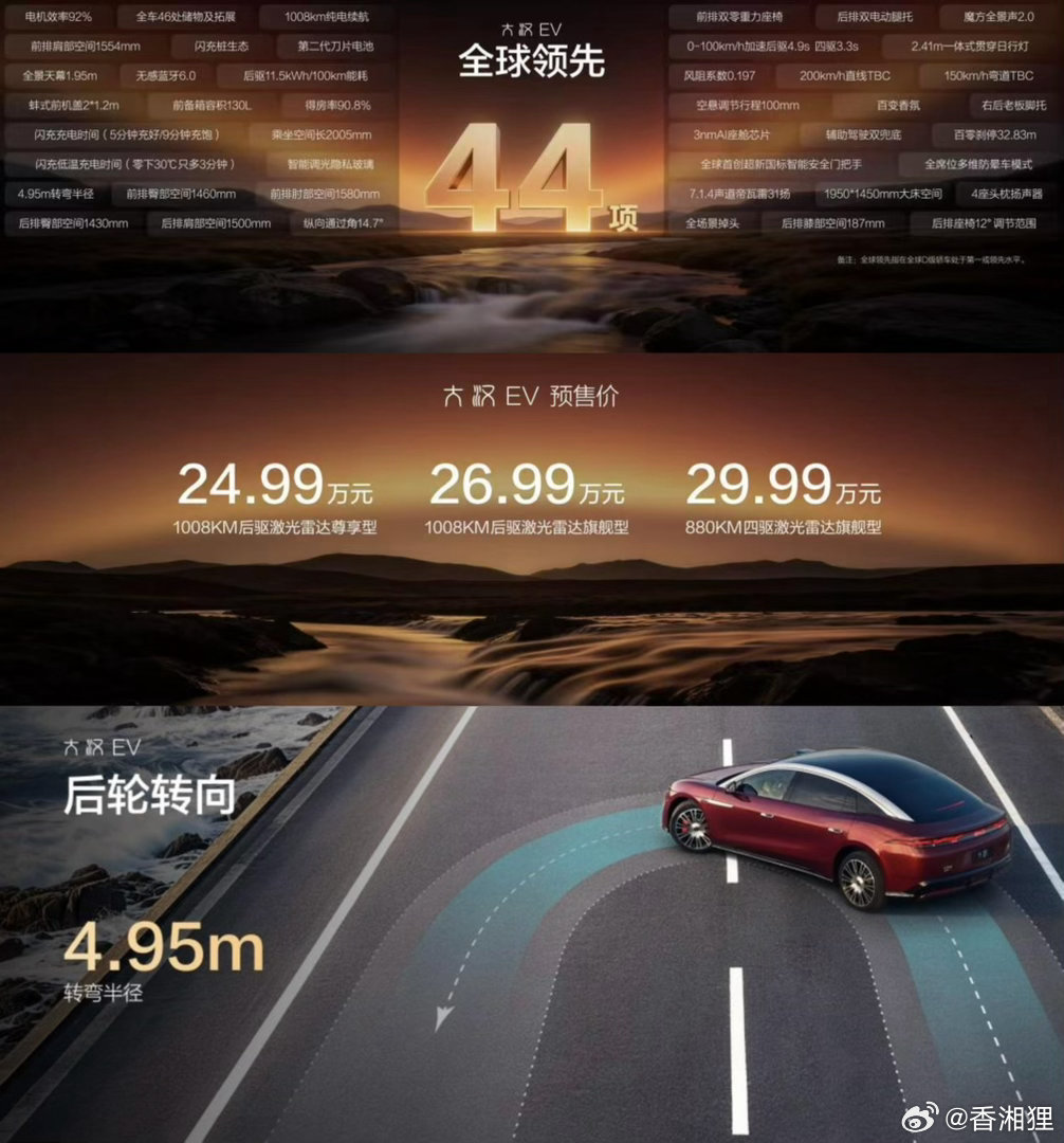 成都车展，比亚迪王朝展台围了最多人，就是来看大汉EV的预售价。

5256mm车长、3130mm轴距，D+级尺寸，24.99万起。

这什么概念？比某些D级车还长的身段，卖的是B级车的钱。现场销售说“满座皆尊享”，我看是“全场皆沉默”——隔壁展台估计已经在算账了。
【览观国技驰骋全球先域】

全系标配后轮转向 ​