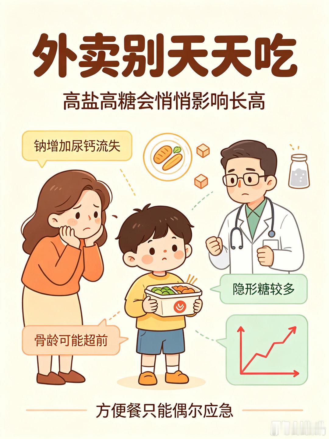 科普主题：孩子频繁吃外卖预制菜，埋下发育隐患🥡

很多家长没时间做饭，经常给孩子点外卖、预制菜，觉得有肉有菜就满足生长需求，长期食用却会悄悄影响身高管理。

✅ 预制外卖影响发育的原因
市售外卖、预制菜普遍高盐高糖。过量钠会增加尿钙流失，损耗骨骼所需钙质。
为提升口感，不少产品添加油 ​