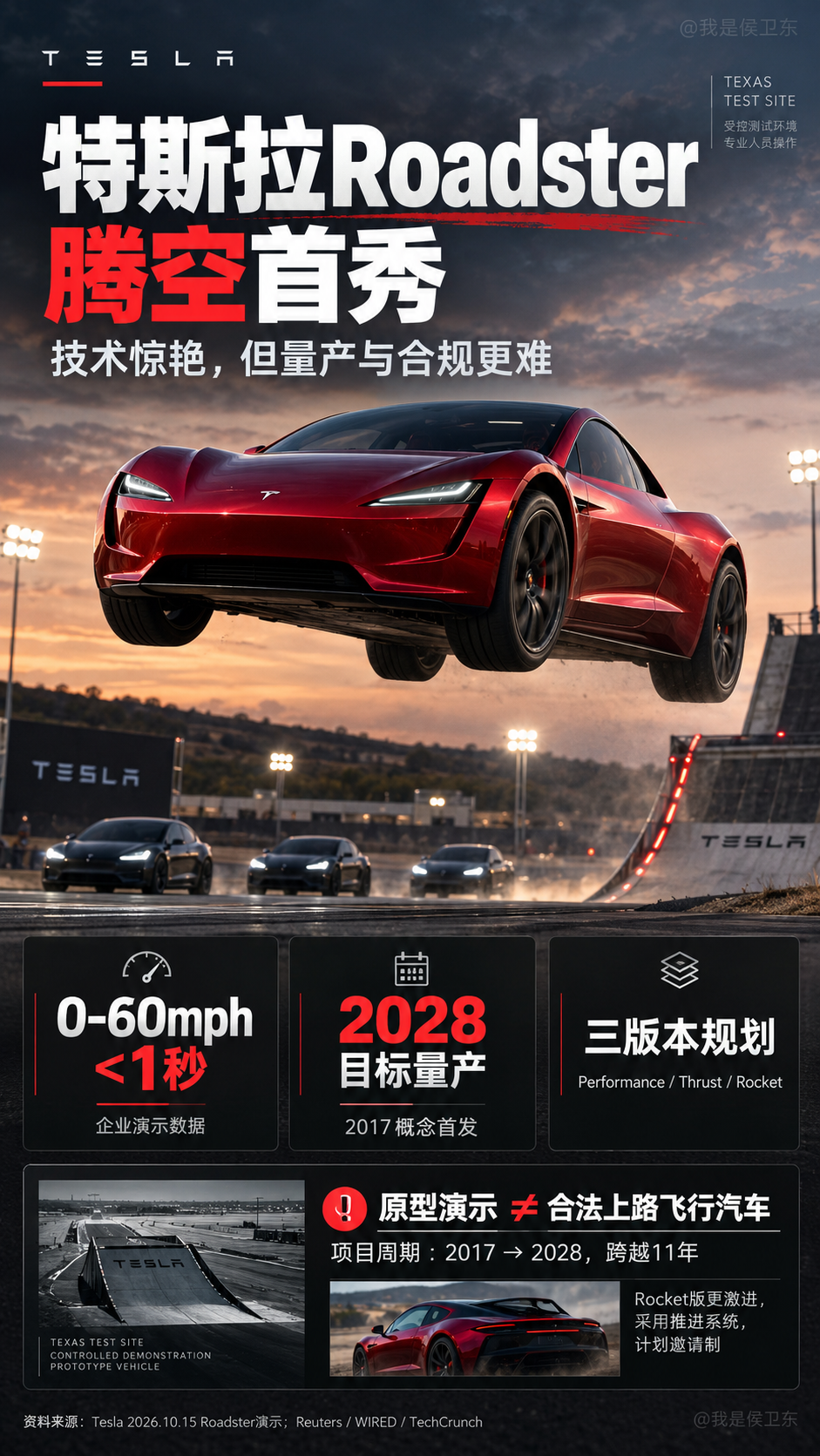 特斯拉Roadster展示腾空能力：2028年量产，比飞起来更难的是合法上路

10月15日，特斯拉在美国得州SpaceX测试基地展示了新一代Roadster。现场最吸引眼球的，不是它的加速性能，而是一辆汽车真的短暂离开了地面。

演示车辆利用高功率风扇形成的吸附力驶上倒置坡道，再通过压缩气体推进器