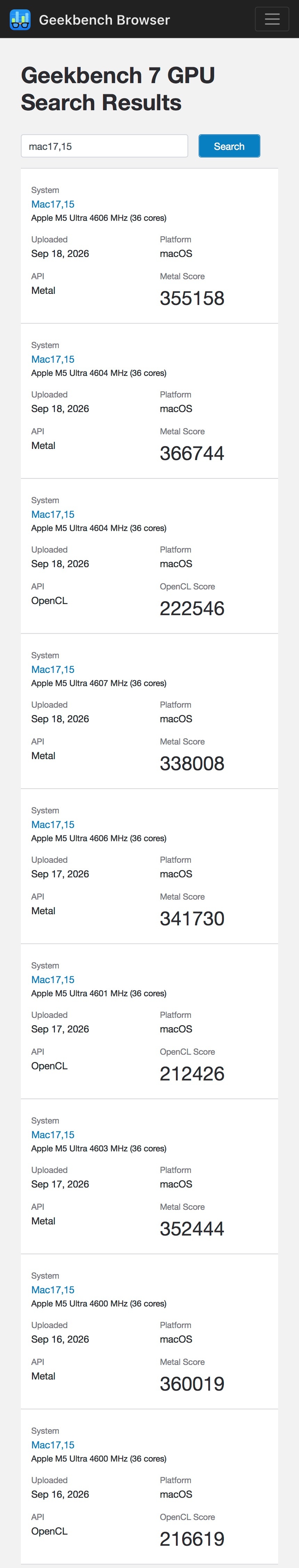 【M5 Ultra 和 M6 芯片基准测试结果显示了图形性能】

M5 Ultra 和 M6 芯片的首批 GPU 基准测试结果已经出炉，新款 Mac Studio 和 Mac mini 将于 9 月 22 日起正式发售。

M5 Ultra 在 Geekbench 7 上的 Metal 得分为 366744 比 M3 Ultra 的平均得分为 230420 高达 59%，而该芯片的 OpenCL 得分与 NVID ​