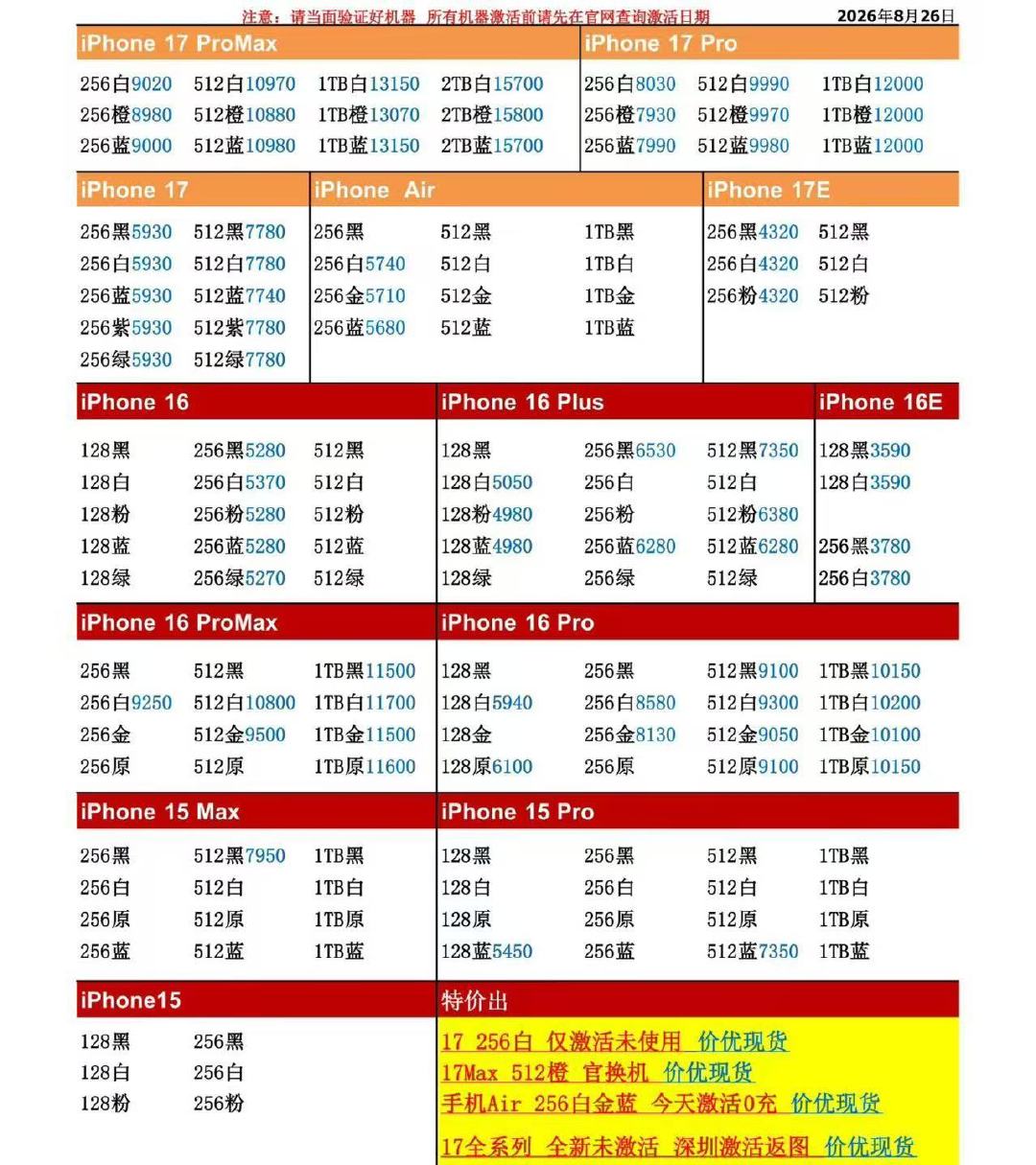 26年8月26日国行苹果手机系列价格更新，今天的17系列价格较平稳，只...