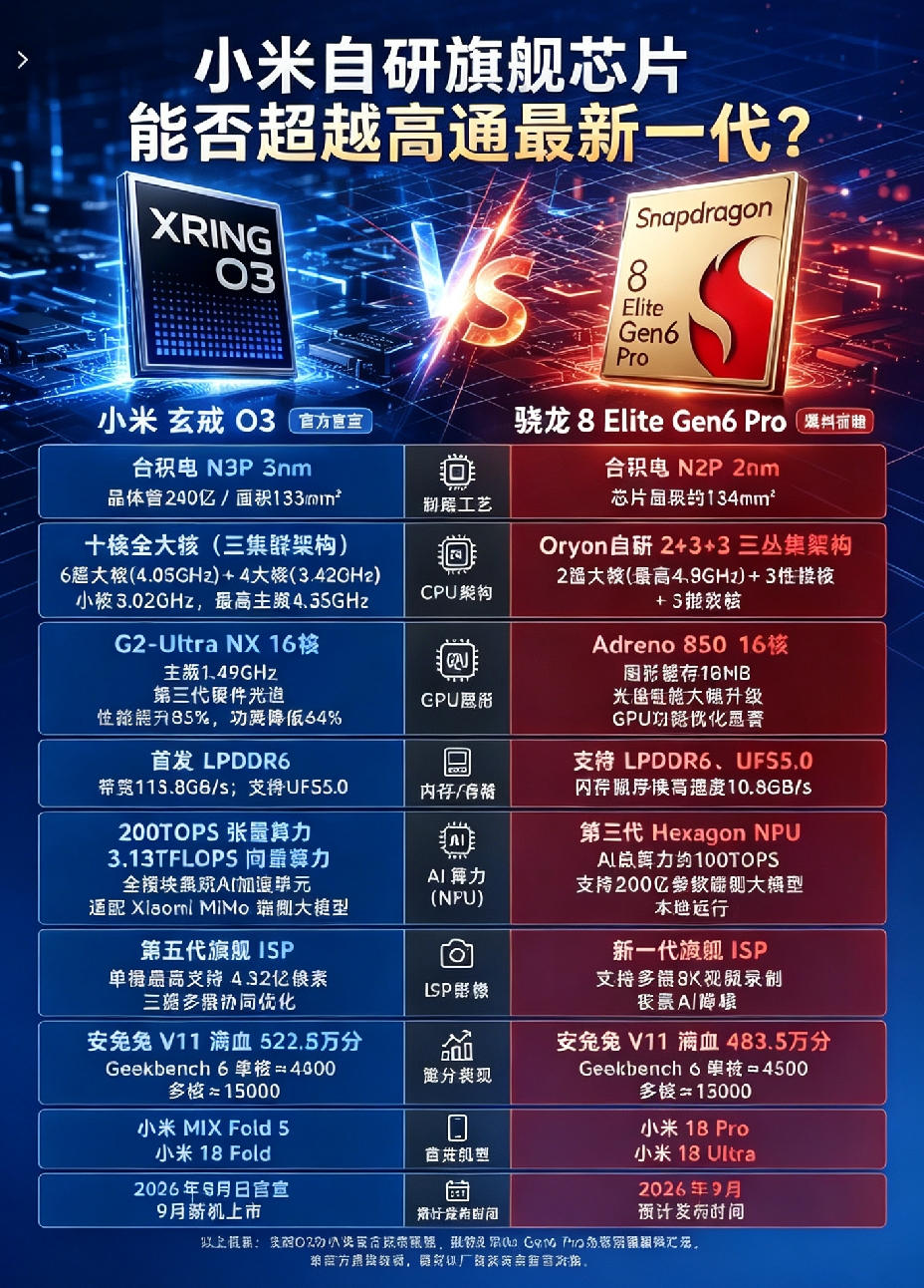 小米玄戒O3对比骁龙8 Elite Gen6 Pro🔥
 
自研旗舰芯片能不能打赢高通新一代？
一张硬核参数对比图先睹为快！
 
🔵小米玄戒O3（官方已官宣）
▪️工艺：台积电N3P 3nm
▪️CPU架构：十核全大核，三集群架构
▪️GPU：G2‑Ultra NX 16核，性能大涨85%，功耗下降