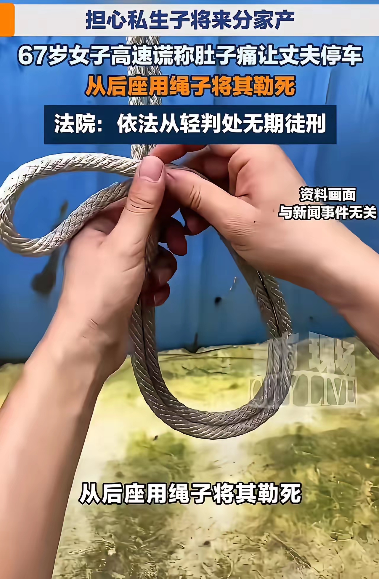 “自古奸情出人命！”67岁女子听说丈夫长期出轨足浴店店长并与之生育子女，担心将来家产被分，在车内用尼龙绳勒死丈夫后自杀未果，被判无期徒刑！女子：“我不服！”

说实话，看到这个新闻标题，我第一反应不是愤怒，而是一阵彻骨的悲凉。

67岁，本该是含饴弄孙、安享晚年的年纪。她却用一根尼龙绳，亲手结束了自