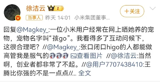 【 有网友在小米集团董事长特别助理、战略市场部副总经理徐洁云谈论小米汽...