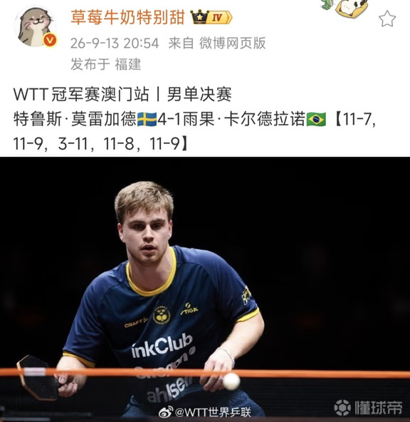 莫雷加德加冕WTT澳门冠军赛男单冠军