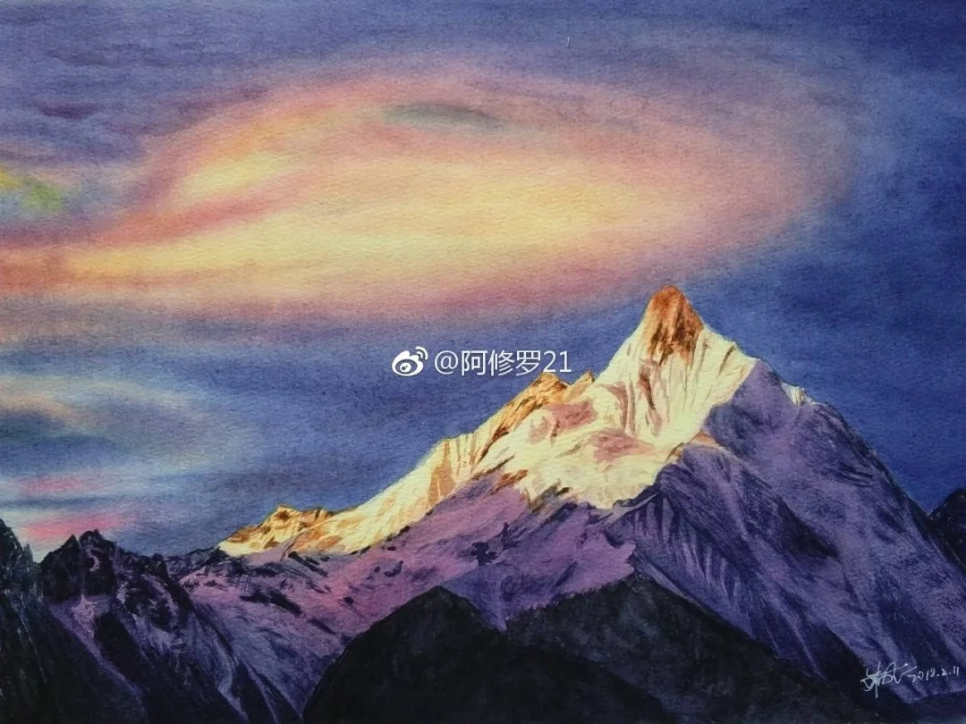 水彩，梅里雪山。云有点没弄好，山体我还是很喜欢的。