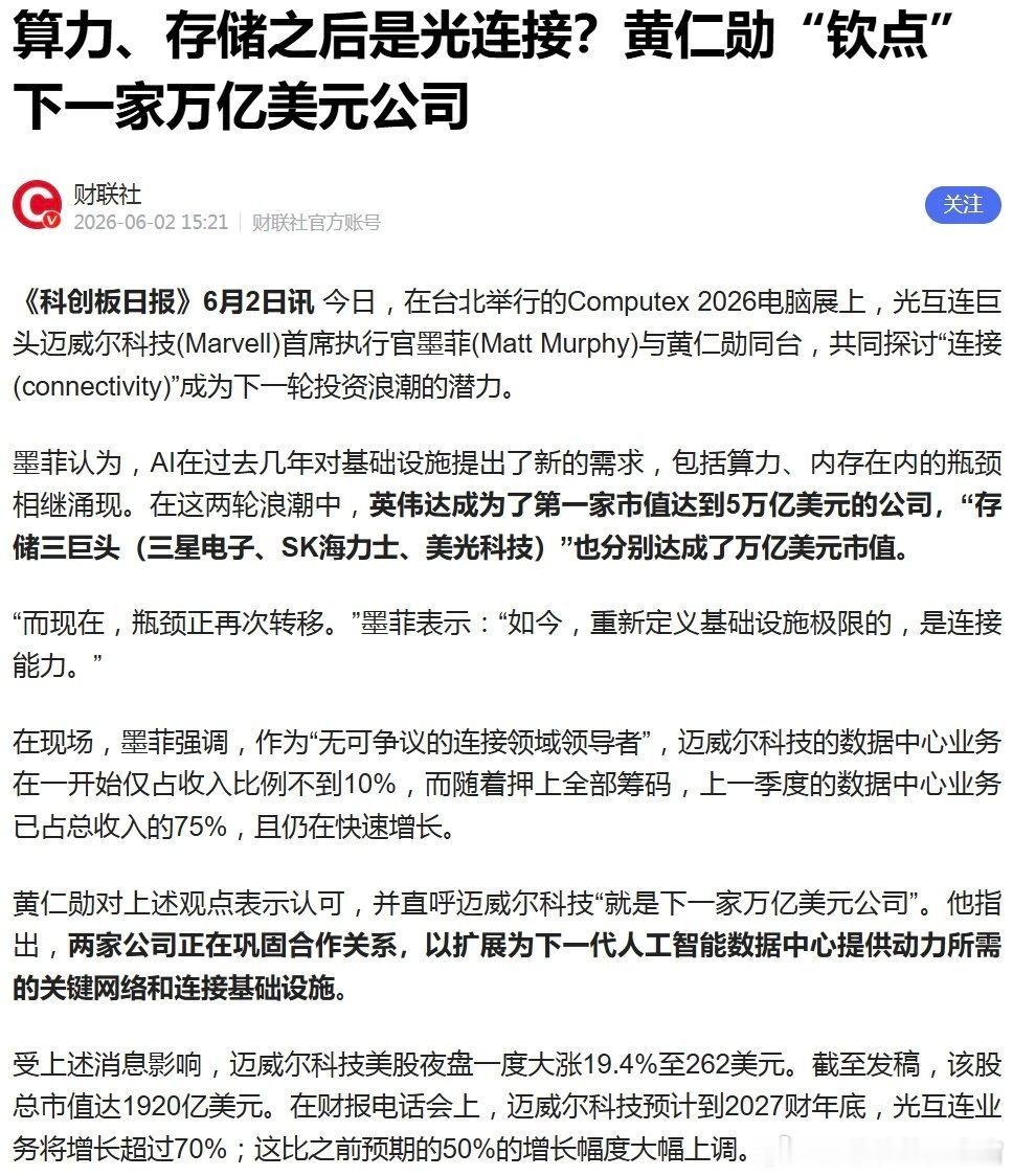 "钦点"迈威尔科技为下一家万亿市值公司，股价盘前暴涨27%。 但老黄的...