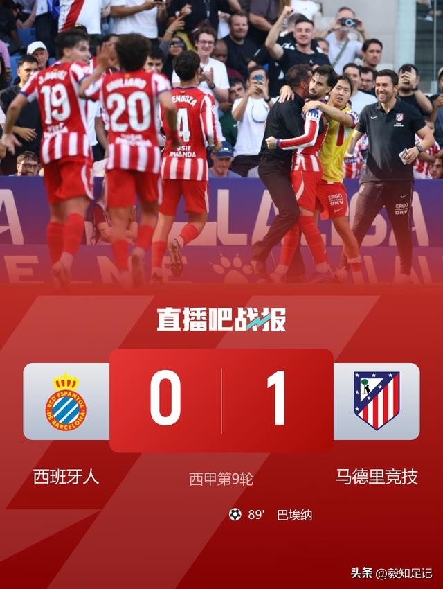 马竞1：0绝杀西班牙人，阿尔瓦雷斯替补出场送上助攻大礼，同样替补出场的巴埃纳第90分钟远射破门，绝杀了西班牙人。
马竞这比赛踢的真刺激，眼看就要被逼平了，巴埃纳又站出来了，拿了世界杯冠军之后，巴埃纳好像打通了任督二脉，俨然成了马竞老大的感觉，西蒙尼的球队开赛不太顺利，阿尔瓦雷斯的事也闹的纷纷扬扬，但
