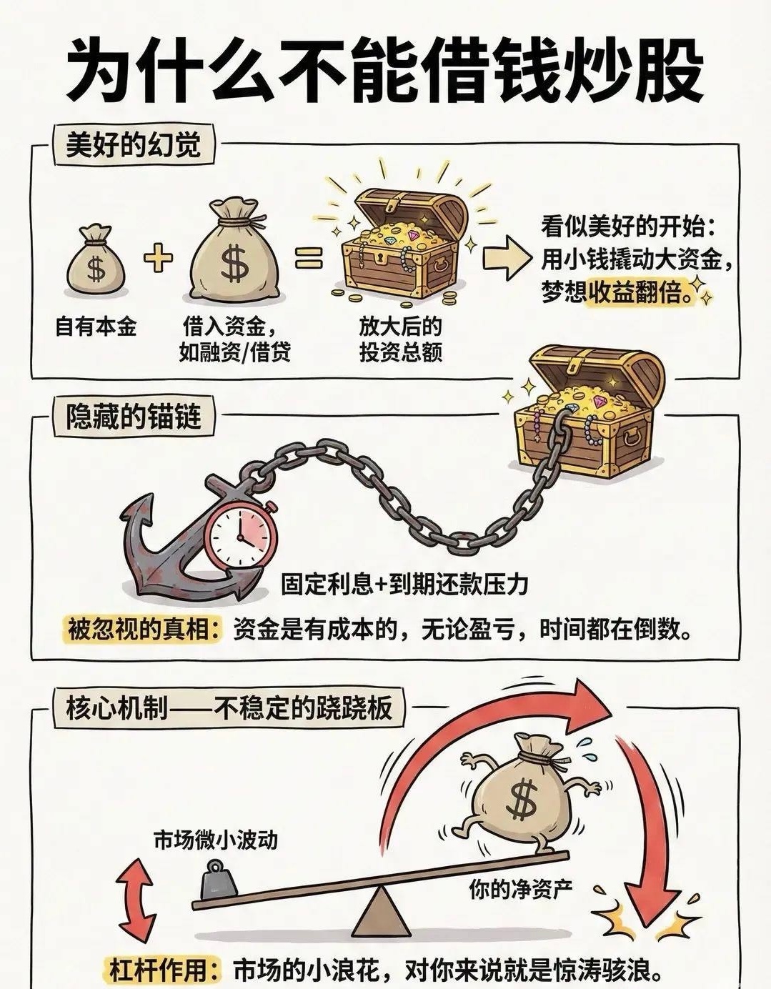 不论股市涨还是跌，千万不要借钱炒股，这也是是投资界最核心、也最血泪的生存法则。股市本身具有极高的波动性和不确定性，而借钱炒股（即加杠杆）会将这种风险无限放大，往往导致投资者在心态崩溃中做出错误决策，最终面临严重的财务甚至法律危机。 
 
为什么绝对不能借钱炒股？ 
 
心态彻底崩塌：用闲 ​