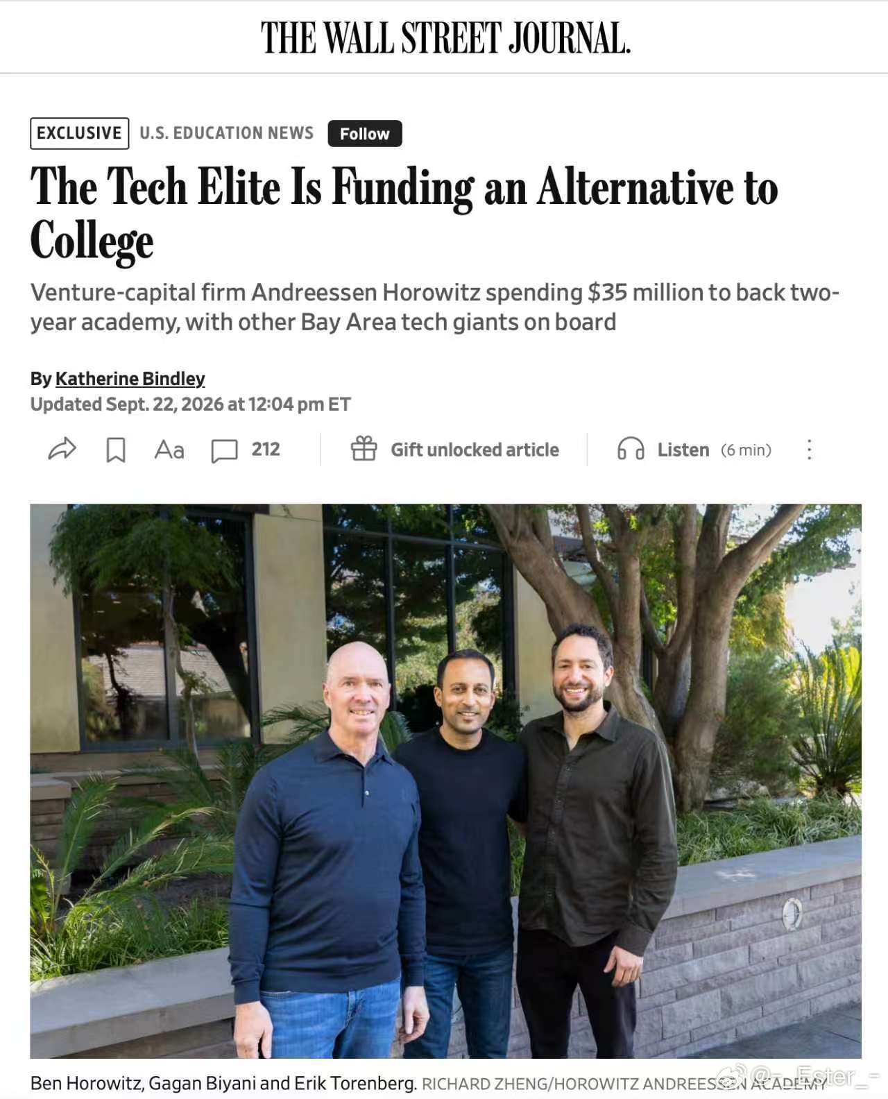 声名显赫的风险投资公司 Andreessen Horowitz 将投入 3,500 万美元，创建一所两年制学院；其他湾区科技巨头也将参与其中。

学院设在旧金山、面向 16 至 22 岁学生的两年制传统大学替代项目。该校名为 Horowitz Andreessen Academy，尚未获得正式认证；不过，它将作为一家独立企业运营，由教育科技平台 ​