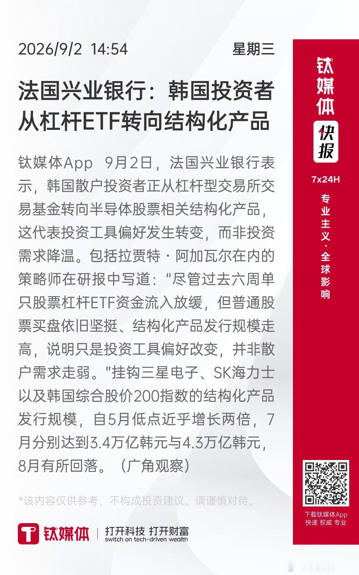 【法国兴业银行：韩国投资者从杠杆ETF转向结构化产品】 钛媒体App 9月2日，法国兴业银行表示，韩国散户投资者正从杠杆型交易所交易基金转向半导体股票相关结构化产品，这代表投资工具偏好发生转变，而非投资需求降温。包括拉贾特・阿加瓦尔在内的策略师在研报中写道：“尽管过去六周单只股票杠杆ETF资 ​