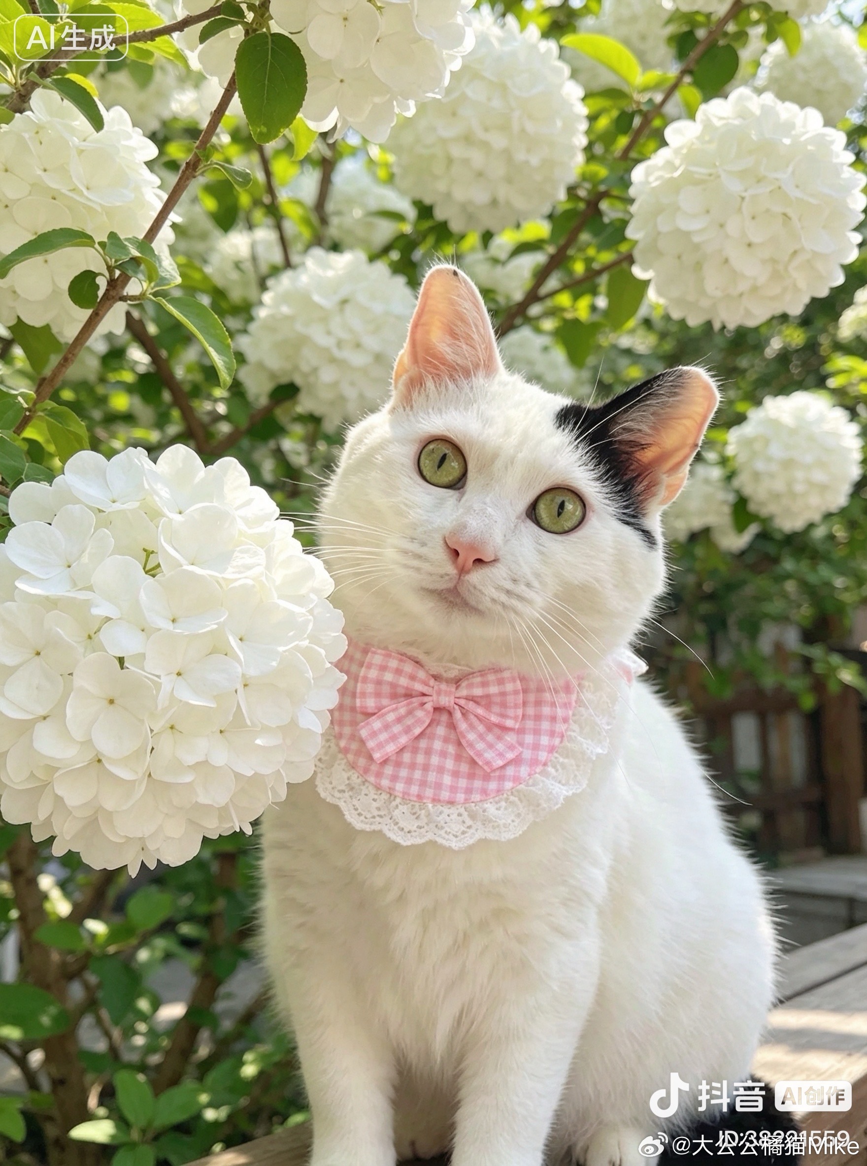 上海流浪猫田园猫也超美喵星人【快乐棉花糖赏花·AI写真】乐乐麻麻：新作~小姐姐：哇，好好看啊，细闻蔷薇，艺术照。麦粉1：不是蔷薇，是绣球花呢。麦粉2：很有夏天的感觉，配色和快乐棉花糖很搭。乐乐粑粑：棉花太漂亮了。主银：好棒啊！猫像小时候妈妈在炸东西我们在旁边吃不耐烦的小猫陪玩猫猫整天鸡一顿堡一顿的