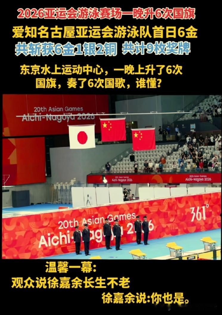 名古屋亚运会今晚中国🇨🇳游泳队太燃了，升了六次国旗，潘展乐卫冕，老将徐嘉余夺冠，唐钱婷，李冰洁，13岁的于子迪破亚运会记录，女子接力夺冠，祝贺中国游泳队，捷报频传，为我们中华体育健儿点赞！祝他们胜利平安安，让中华五星红旗迎风飘扬在世界各地！[赞][赞][赞][赞]