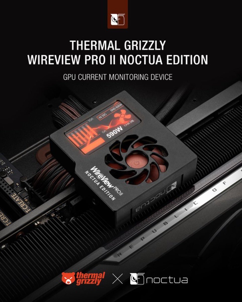 Thermal Grizzly与Noctua近日联合推出了WireView Pro II升级版本，专注于实时监测显卡的12V-2×6供电接口。该设备能够精确追踪每个引脚的电流分配情况，在监测到负载不均时及时发出预警，并在遇到严重异常时触发紧急关机机制以保障硬件安全。其中，Noctua联名版本特别加装了铝制散热片与一枚40毫米风扇 ​