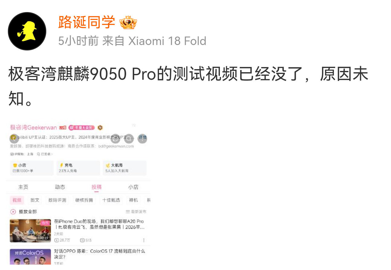 #极客湾 麒麟9050Pro#芯片性能变强对华为来说是好事，肯定愿意让更多人看到，所以基本不可能是华为去删掉这条视频，理性吃瓜 ​
