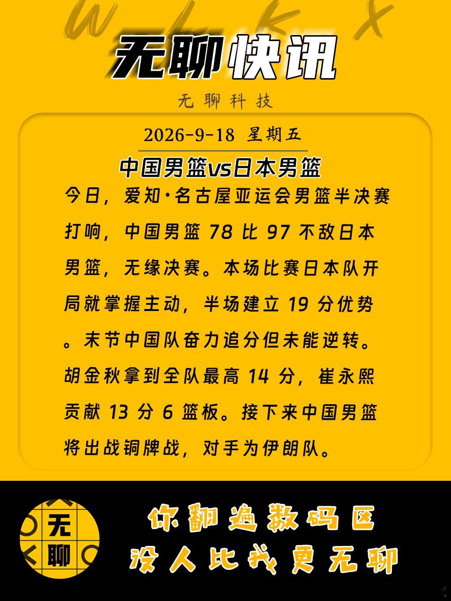 【#中国男篮vs日本男篮#】
今日，爱知・名古屋亚运会男篮半决赛打响，中国男篮 78 比 97 不敌日本男篮，无缘决赛。本场比赛日本队开局就掌握主动，半场建立 19 分优势。末节中国队奋力追分但未能逆转。胡金秋拿到全队最高 14 分，崔永熙贡献 13 分 6 篮板。接下来中国男篮将出战铜牌战，对手为伊朗队。 ​