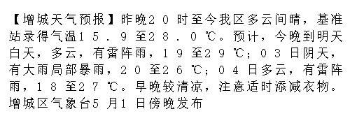 【增城天气预报】昨晚20时至今我区多云间晴，基准站录得气温15.9至2...