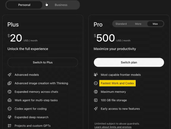 🚨 ChatGPT Pro Max $500
	
> Max 版本中唯一变化的行：“最快工作和 Codex”
	
但是 Cerebras 部分没有意义
	
> Cerebras 自己的宣传 = 速度快 21 倍，成本仅为 B200 的 1/3
#Globall #howto用AI手搓APP #AI搞事业howto