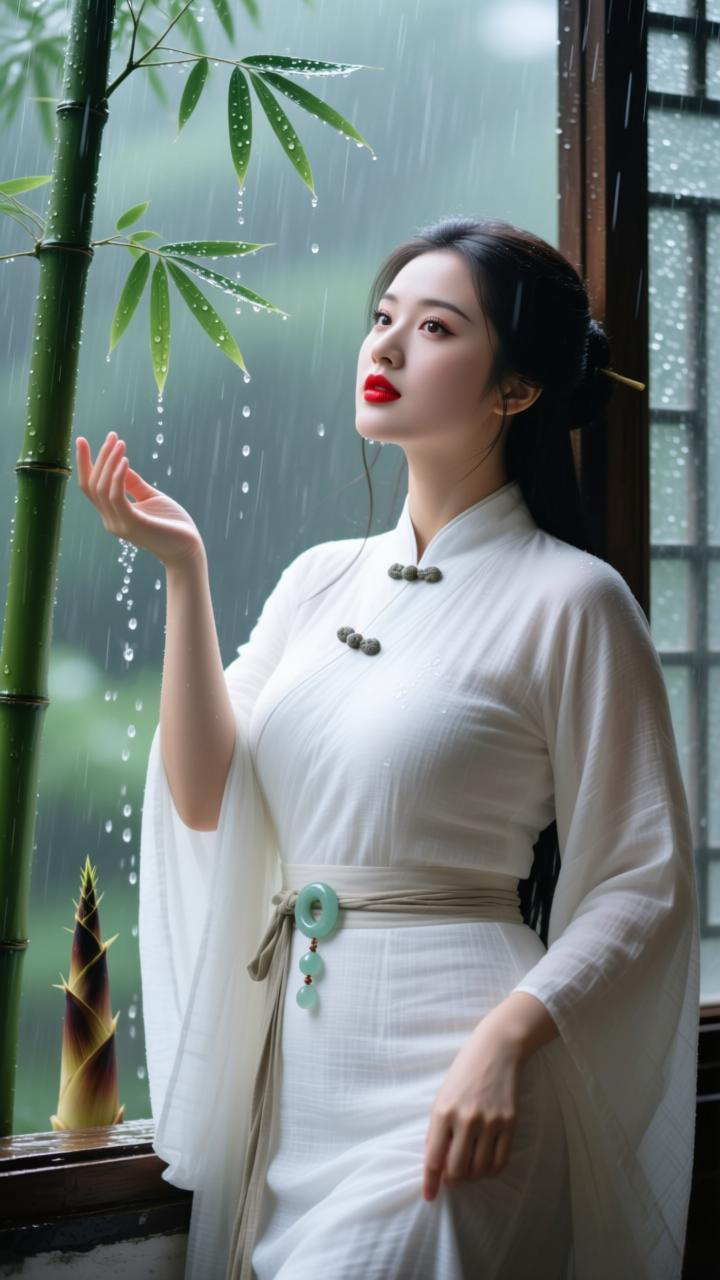 18岁少女，雨织窗畔修竹，素衣女子抬腕轻接叶间垂落的雨珠，眉梢眼角浸着...