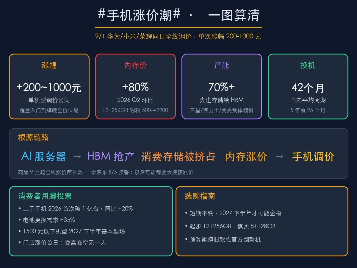 #手机涨价潮#

2026 年内已多轮涨价。9/1 这次华为、小米、荣耀同日全线调价，单次涨幅 200-1000 元。

1. 涨幅盘点：2-3 月 OPPO/vivo/小米/荣耀首轮，旗舰 +100-2000；4 月 REDMI K90 ProMax +200、Turbo 优惠结束；7 月第二轮，REDMI K90 标准版/Note 15 +200 起、旗舰再涨 500-1500；9/1 这次三家 ​