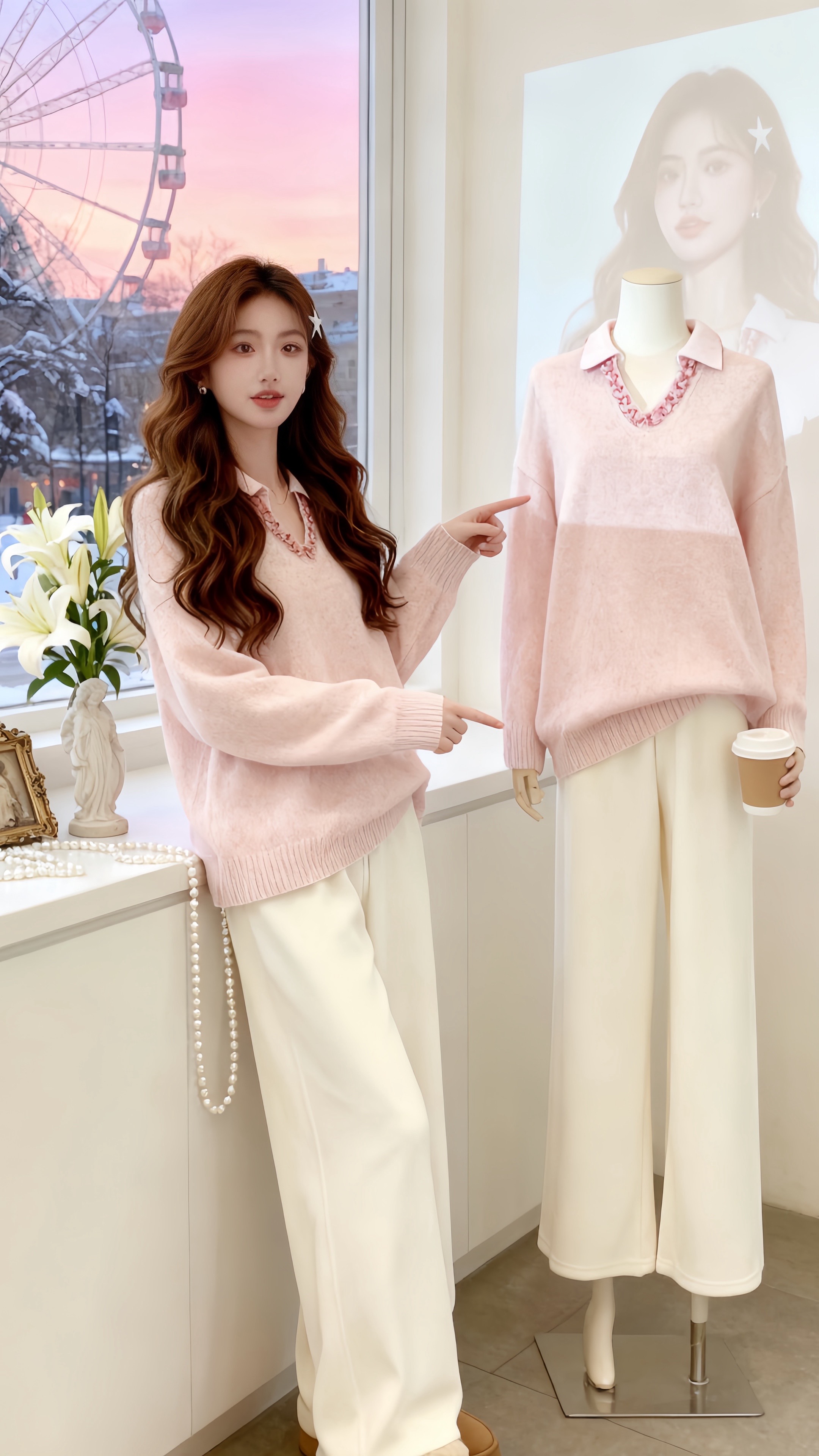 这件超级温柔的小香风针织衫，它是这种低饱和度的粉色，完全不会显黑，穿上...