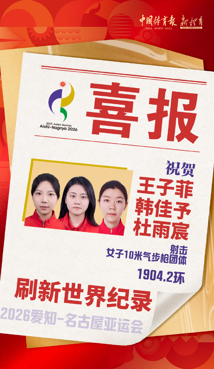 女子10米气步枪团体破纪录夺金！中国队再添一金亚运会 中国射击名古屋亚运会女子10米气步枪团体赛，王子菲、韩佳予、杜雨宸携手出战，总成绩1904.2环，打破世界纪录拿下金牌，成功卫冕该项目冠军。三个人沉着冷静，每一发子弹稳准有度。王子菲636.8环、韩佳予633.8环、杜雨宸633.6环，三人全部晋级个人决赛。16岁小将杜雨宸一战成名，成为本届亚运亮眼的新生代力量。静气凝神，百步穿杨。射击队延续强势表现，为中国代表团再添奖牌。期待三位姑娘下午个人赛继续稳住手感，再创佳绩！