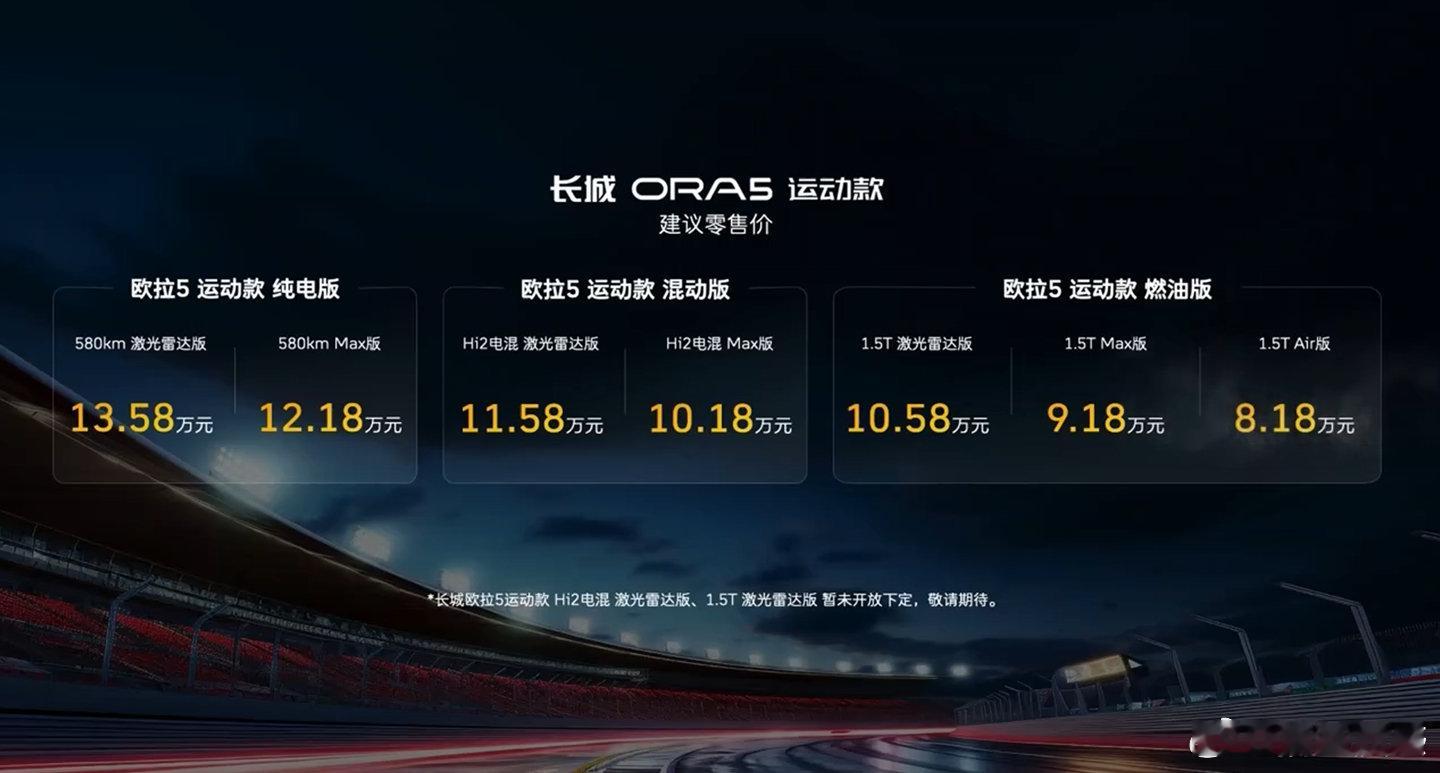 长城欧拉5公布售价，分GT版/运动款，提供燃油、Hi2电混、纯电三种动力选择
 
指导价区间8.18‑14.38万，限时置换换新价最低7.18万起。

油/混/电全覆盖，选择是真的多，这个价位大家怎么看？ ​